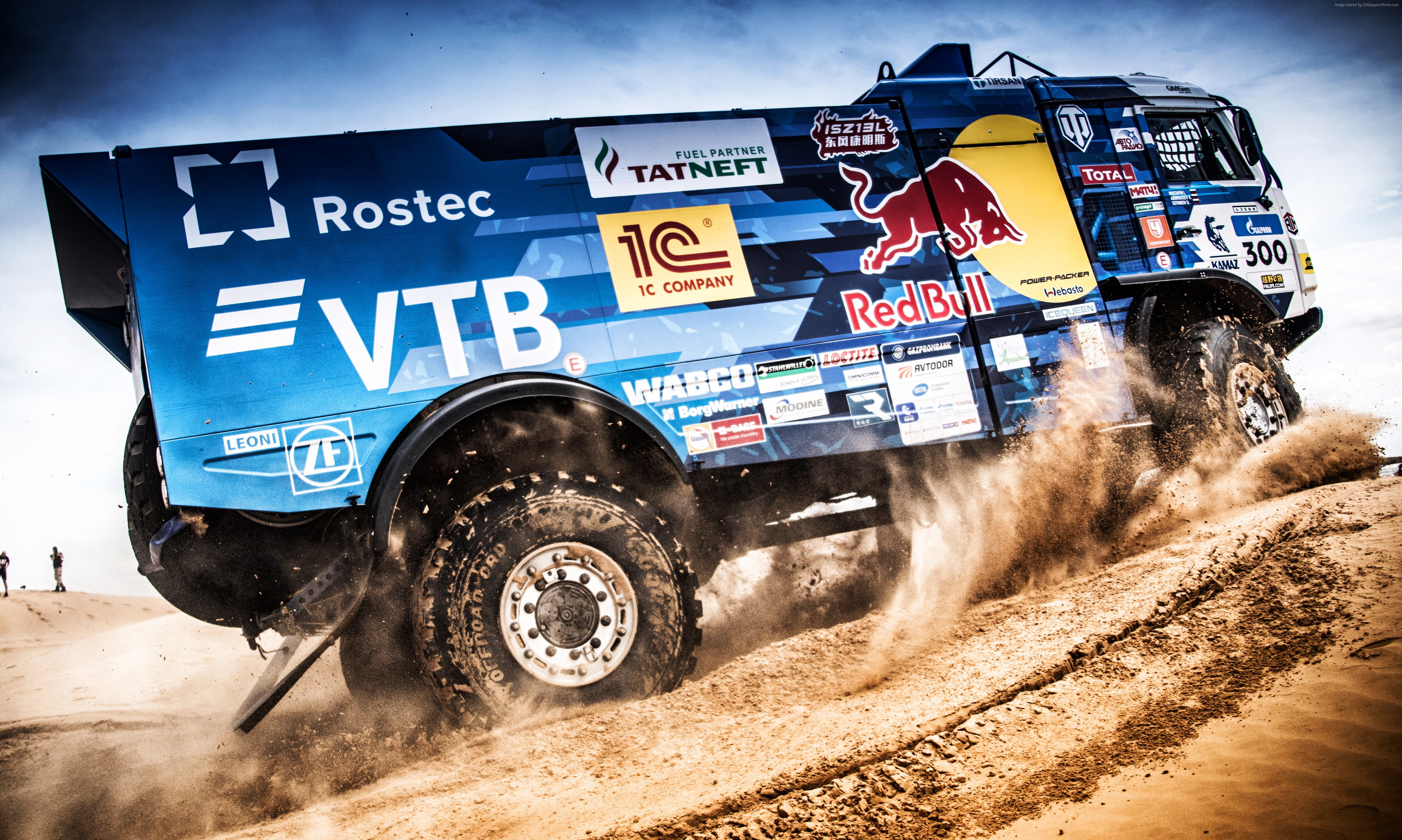 Kamaz truck with Red Bull and VTB logos in desert rally HD Wallpaper