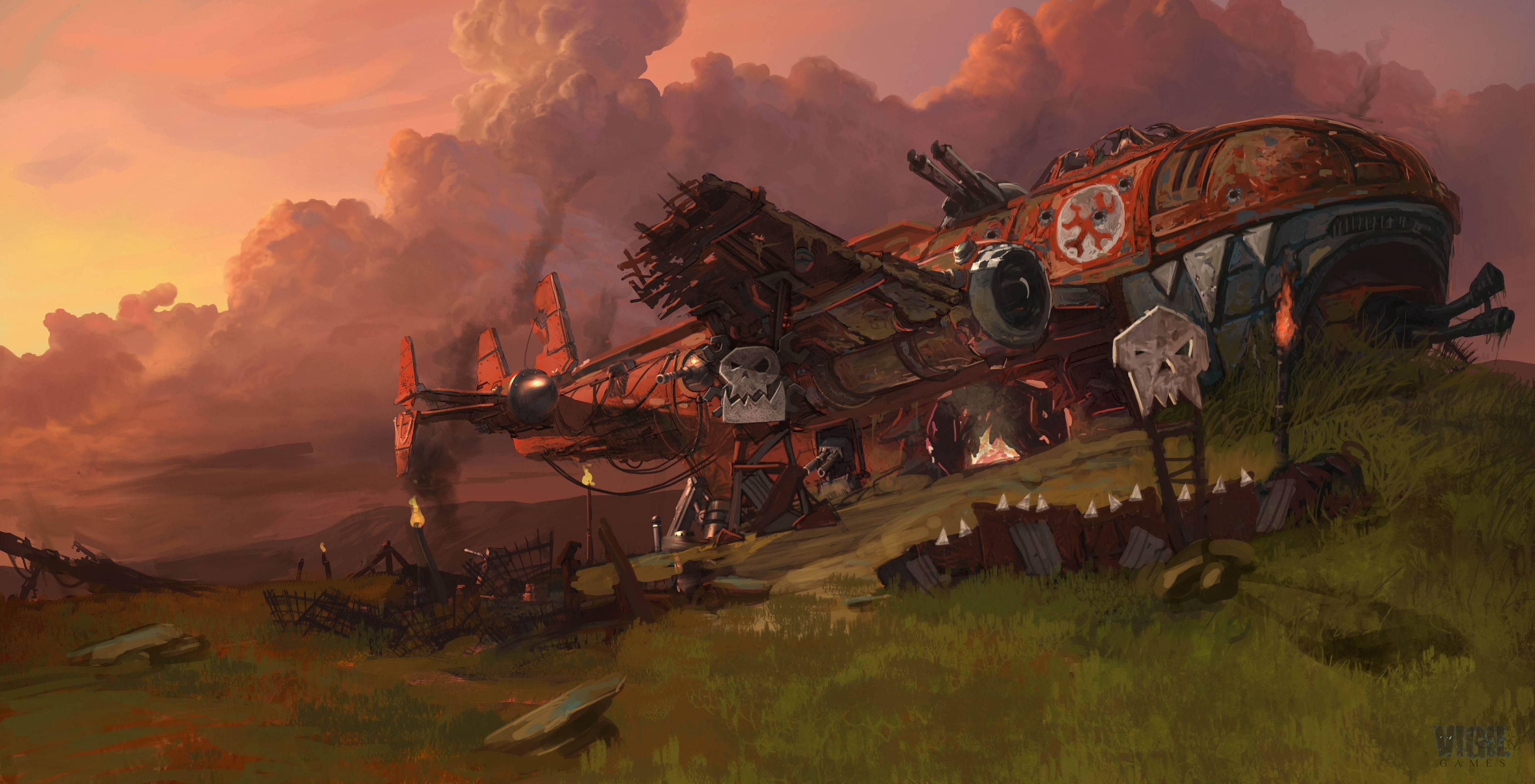 Ork aircraft wreck in Warhammer 40,000 landscape HD Wallpaper