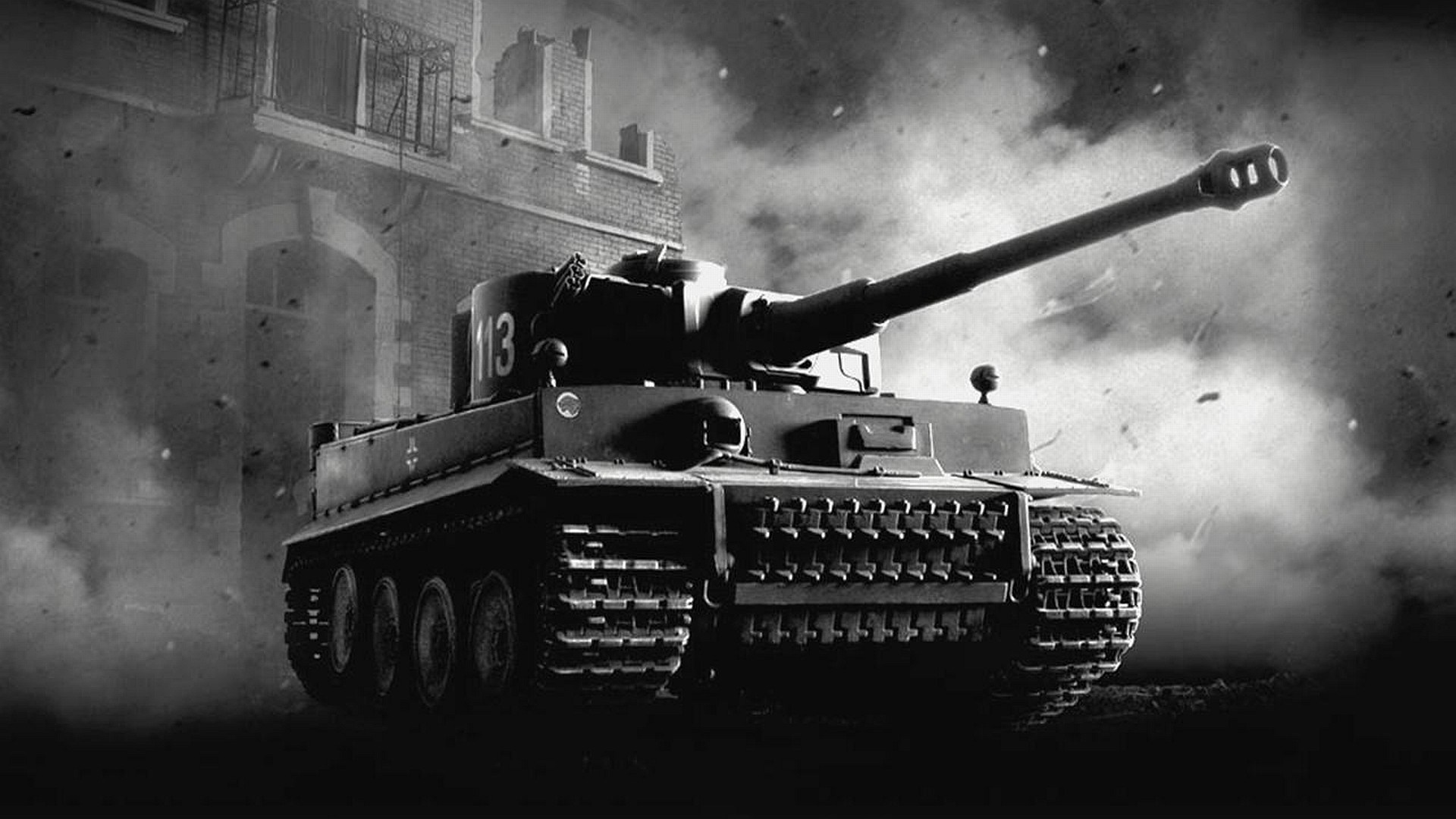 Tiger P tank in monochrome combat scene HD Wallpaper