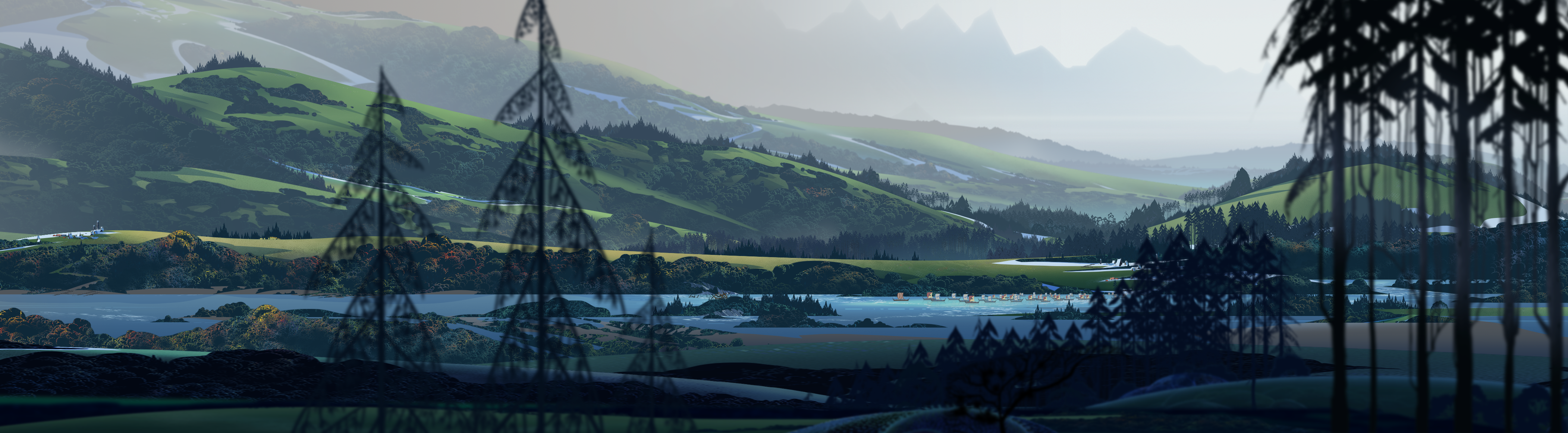 The Banner Saga landscape with lake and mountains HD Wallpaper