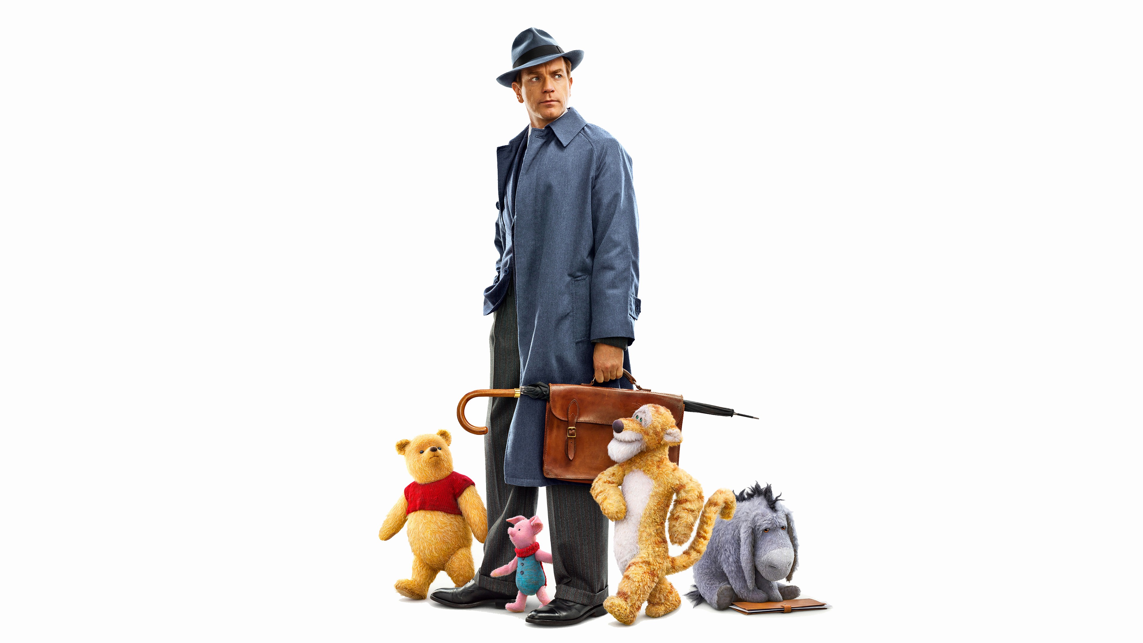 Ewan McGregor as Christopher Robin with Winnie-the-Pooh characters HD Wallpaper