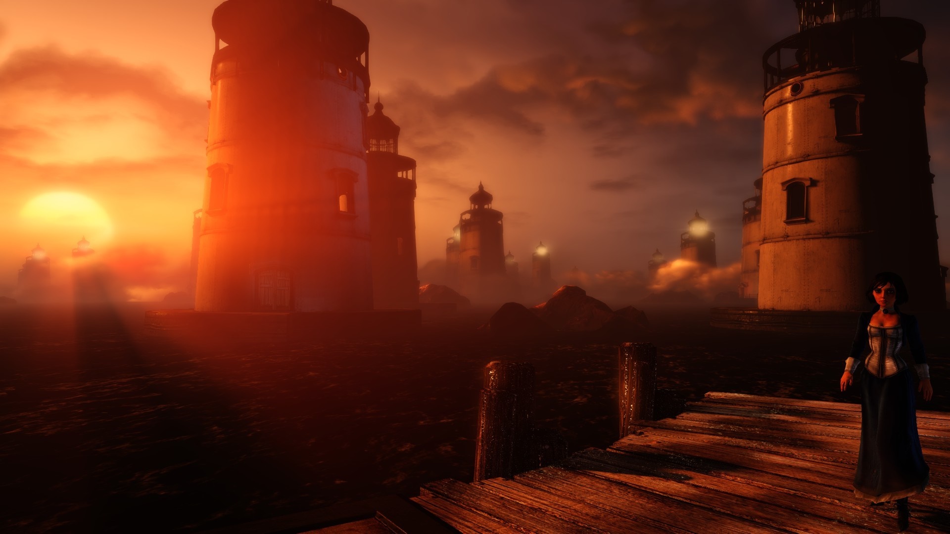 Elizabeth from BioShock Infinite: Burial at Sea on a dock with lighthouses HD Wallpaper
