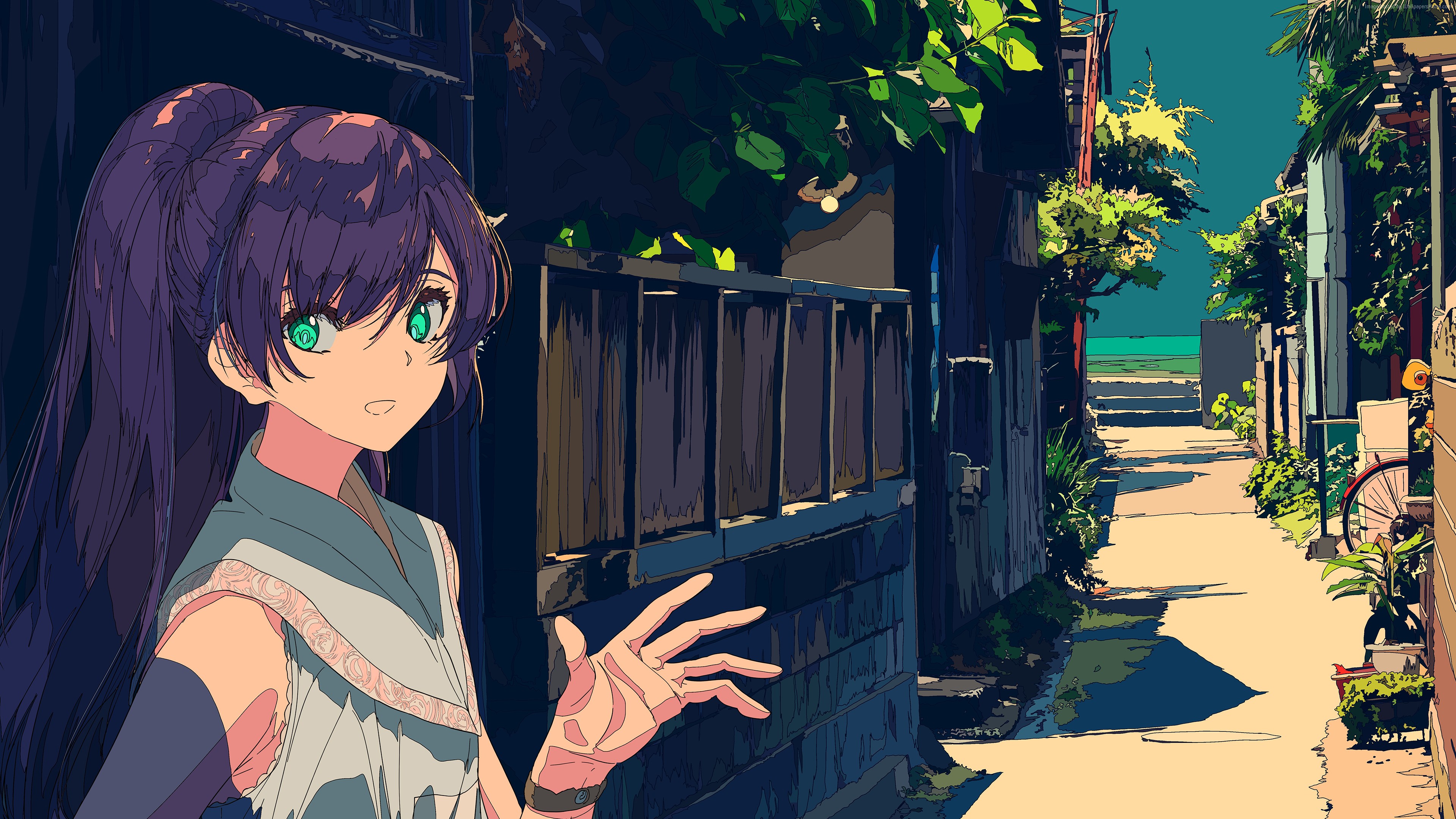 Anime girl with purple hair in a town alley HD Wallpaper