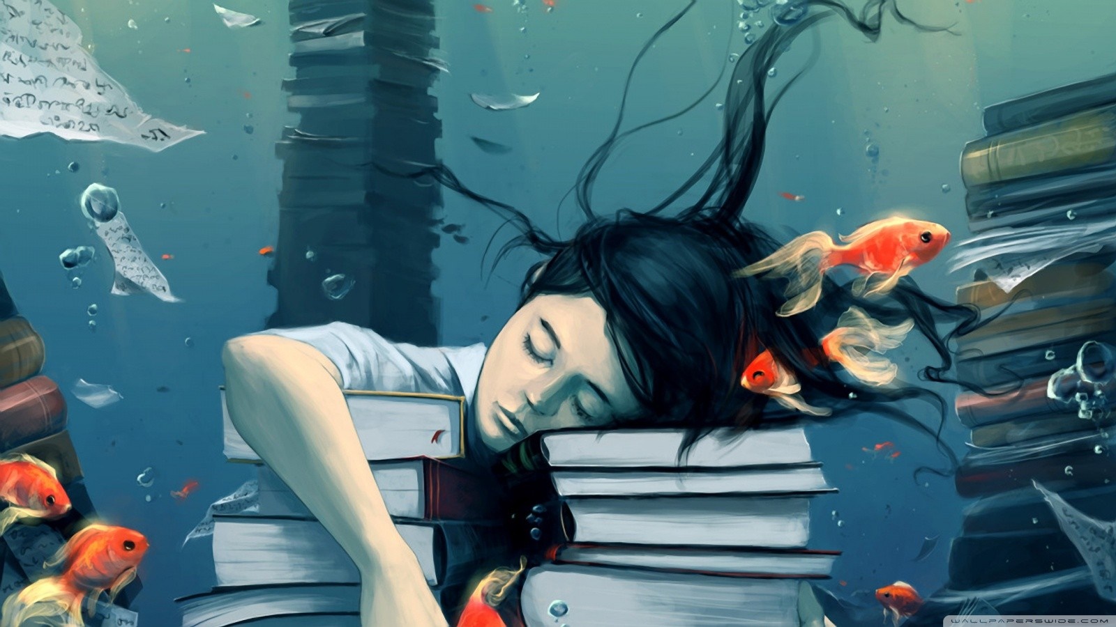 Girl sleeping underwater surrounded by books and goldfish HD Wallpaper