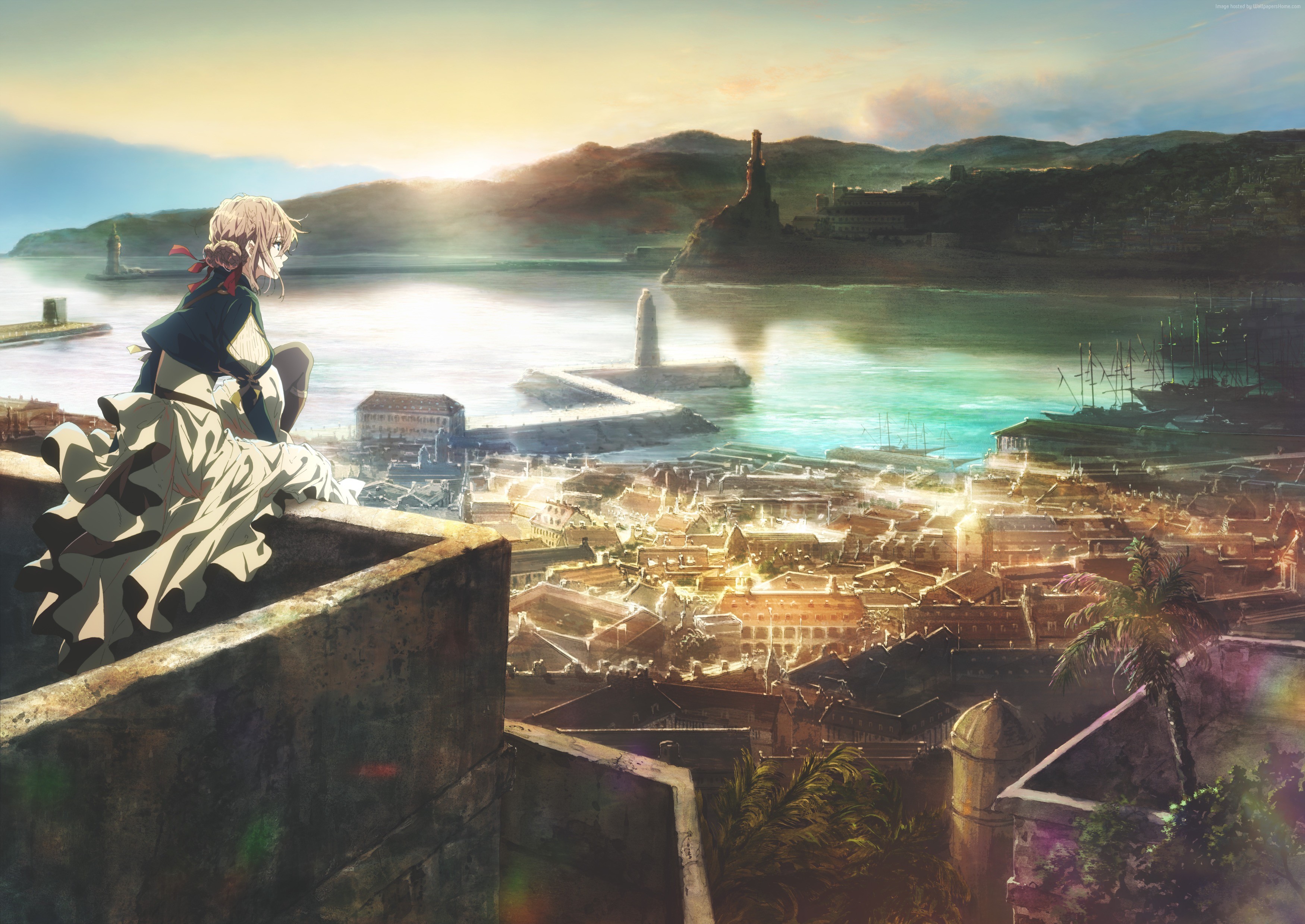Anime girl overlooking a coastal city at sunrise HD Wallpaper