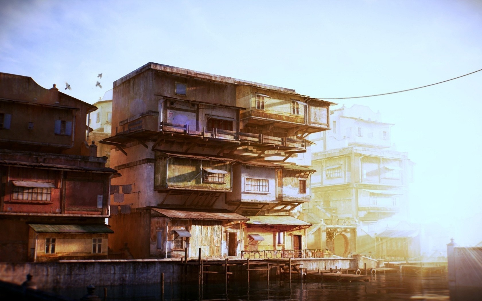 Digital art of old buildings by a canal HD Wallpaper