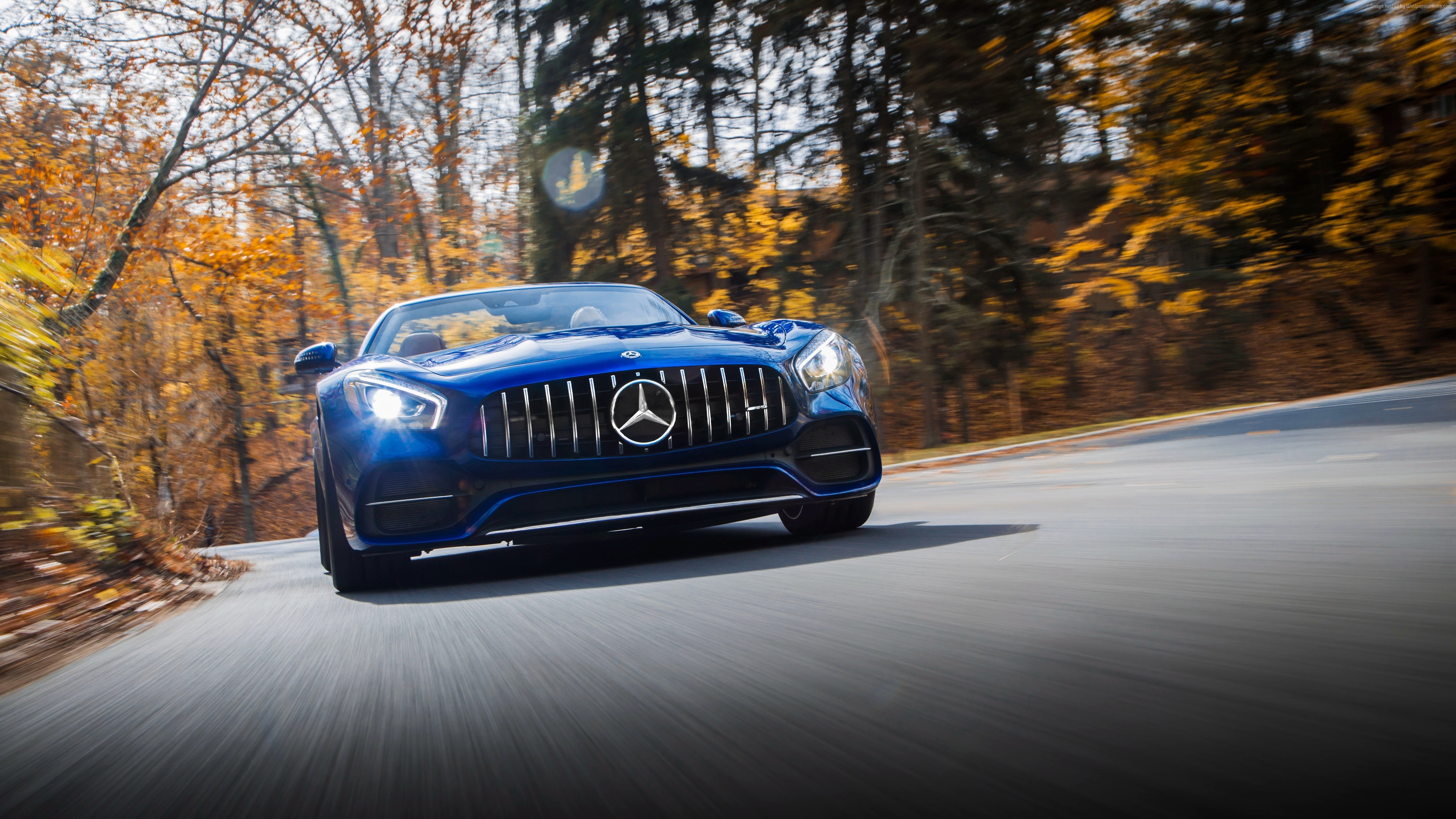 Blue Mercedes-AMG GT C Convertible Driving on Road HD Wallpaper