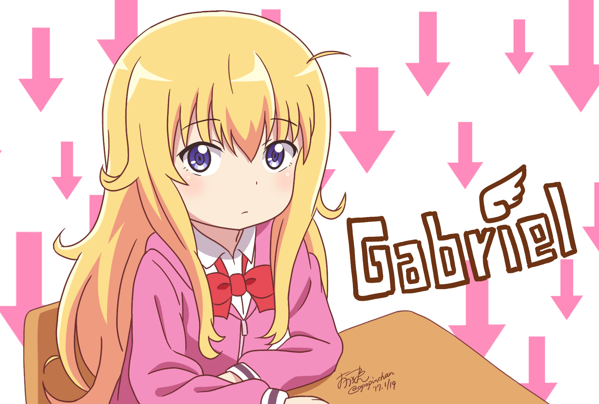 Gabriel from Gabriel Dropout sitting at a desk HD Wallpaper