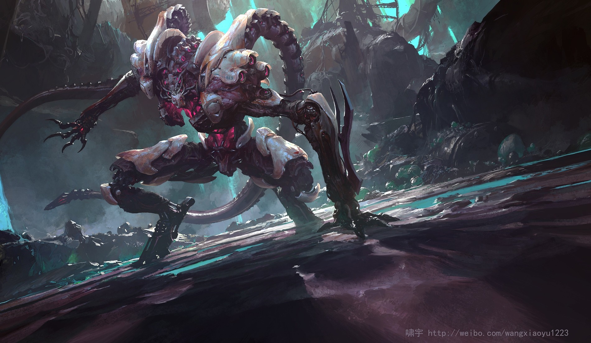 Futuristic biomechanical creature in a dark, alien landscape HD Wallpaper
