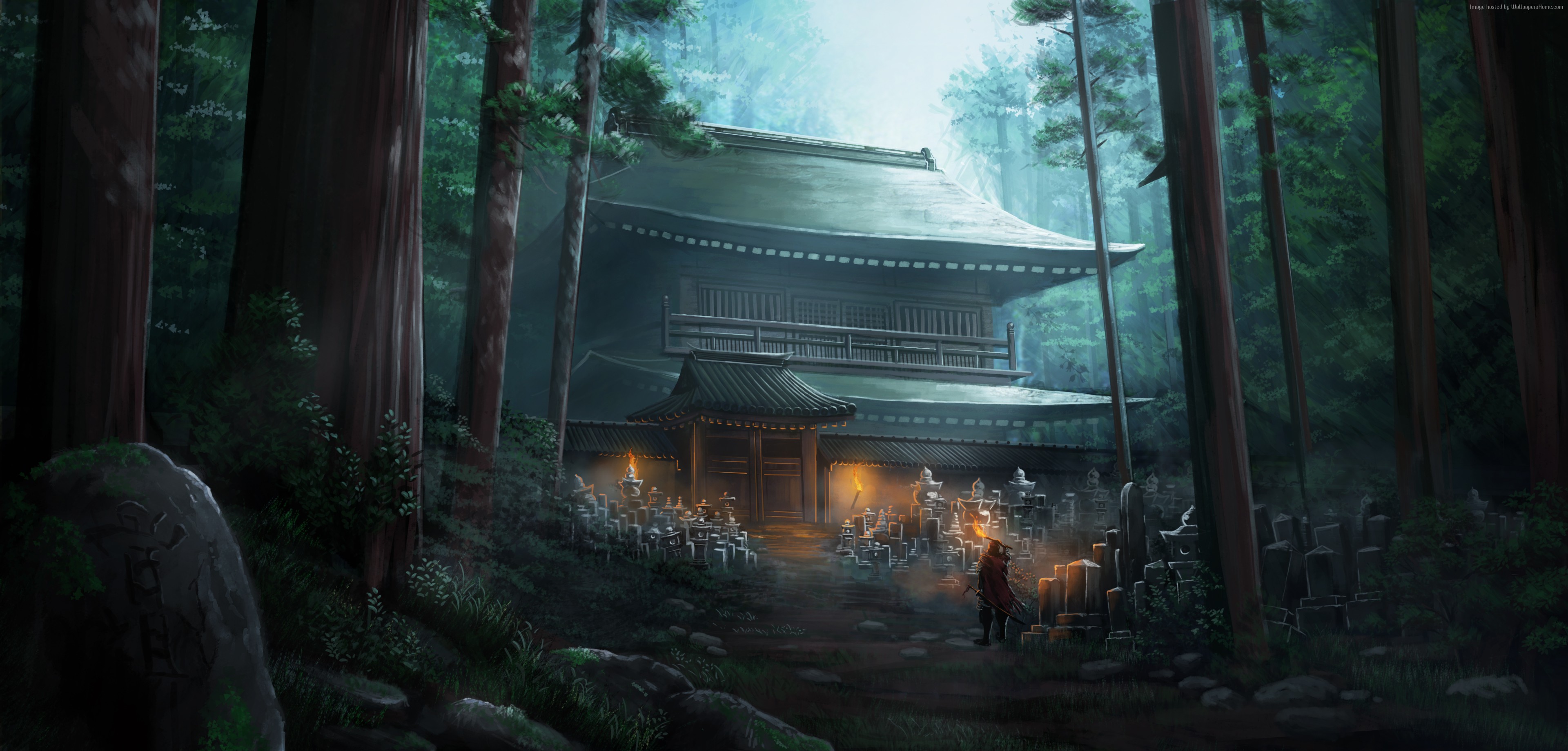 4K Temple in a Forest with Graves HD Wallpaper