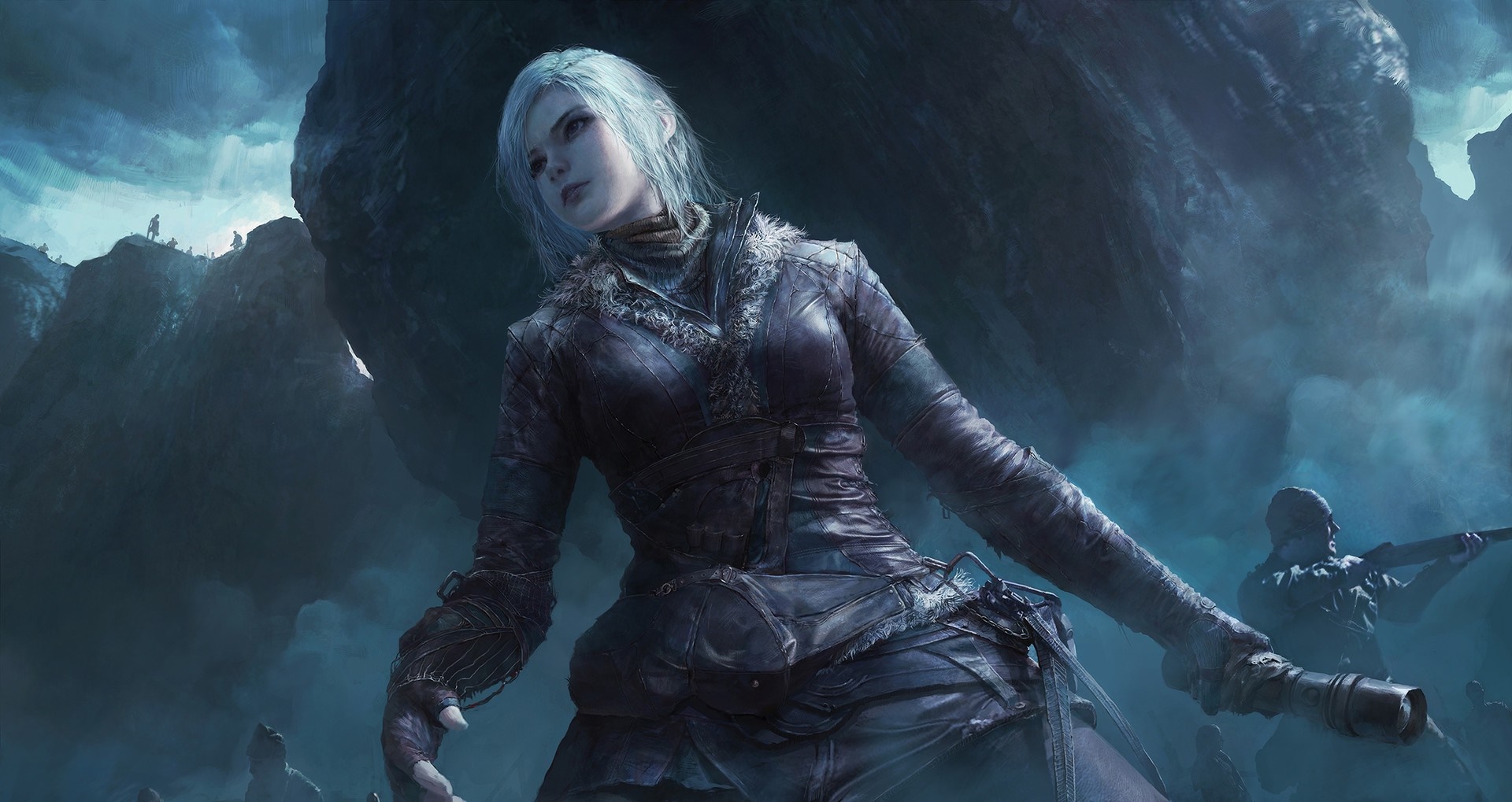 Fantasy warrior with white hair in a dark, rocky landscape HD Wallpaper