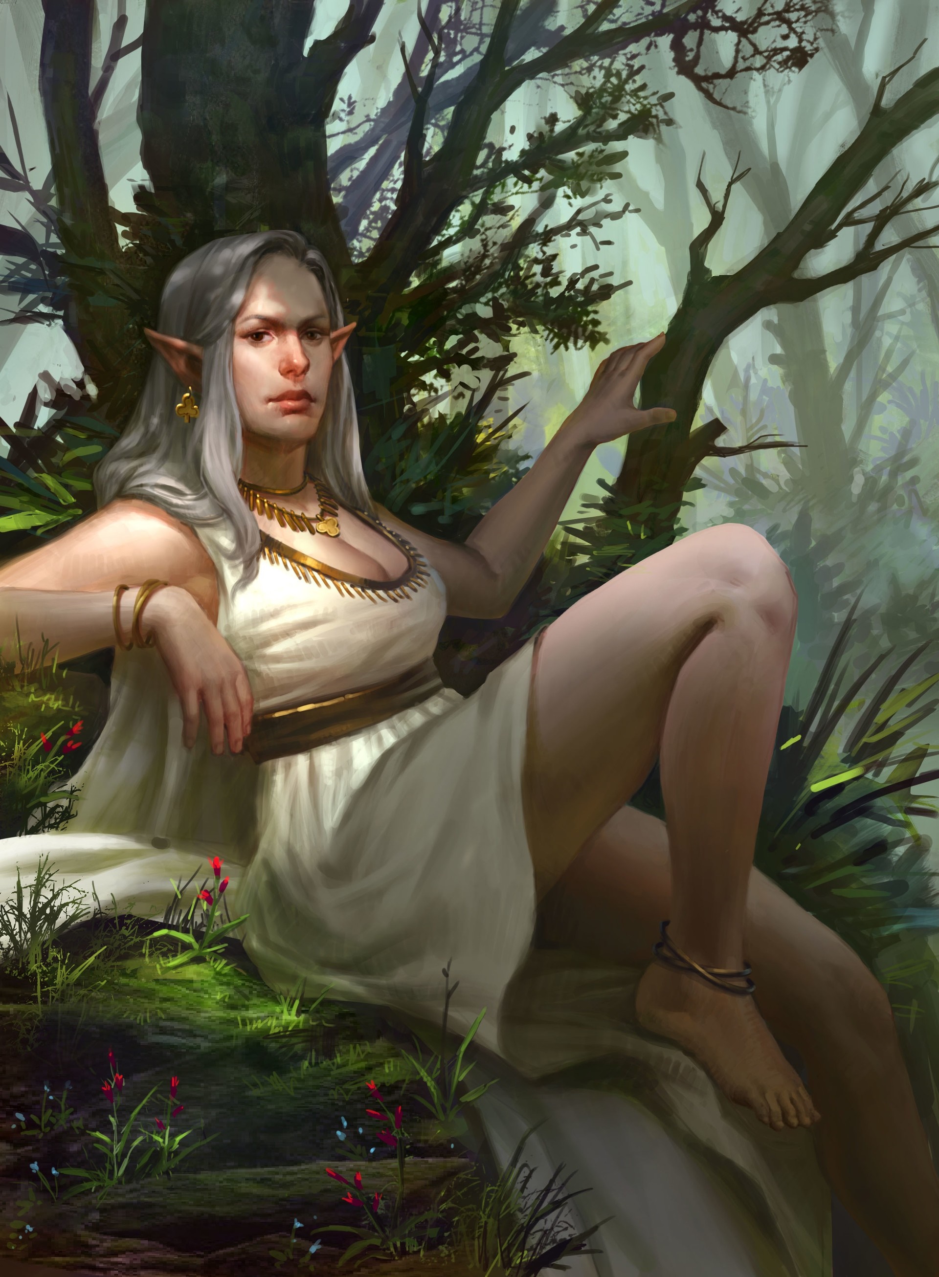 Elf woman with white hair in a forest HD Wallpaper