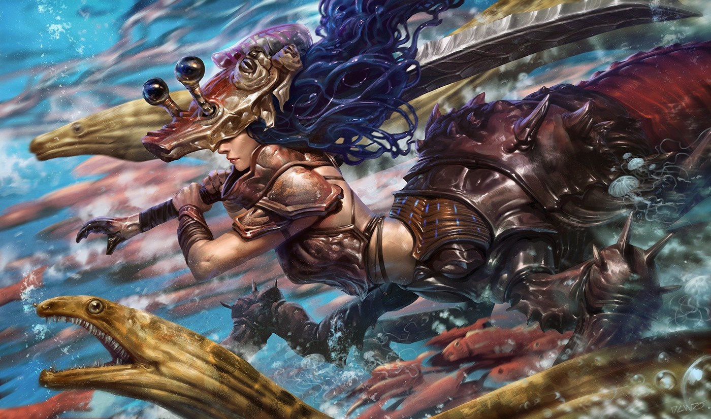 Warrior with sword and eels in the ocean HD Wallpaper