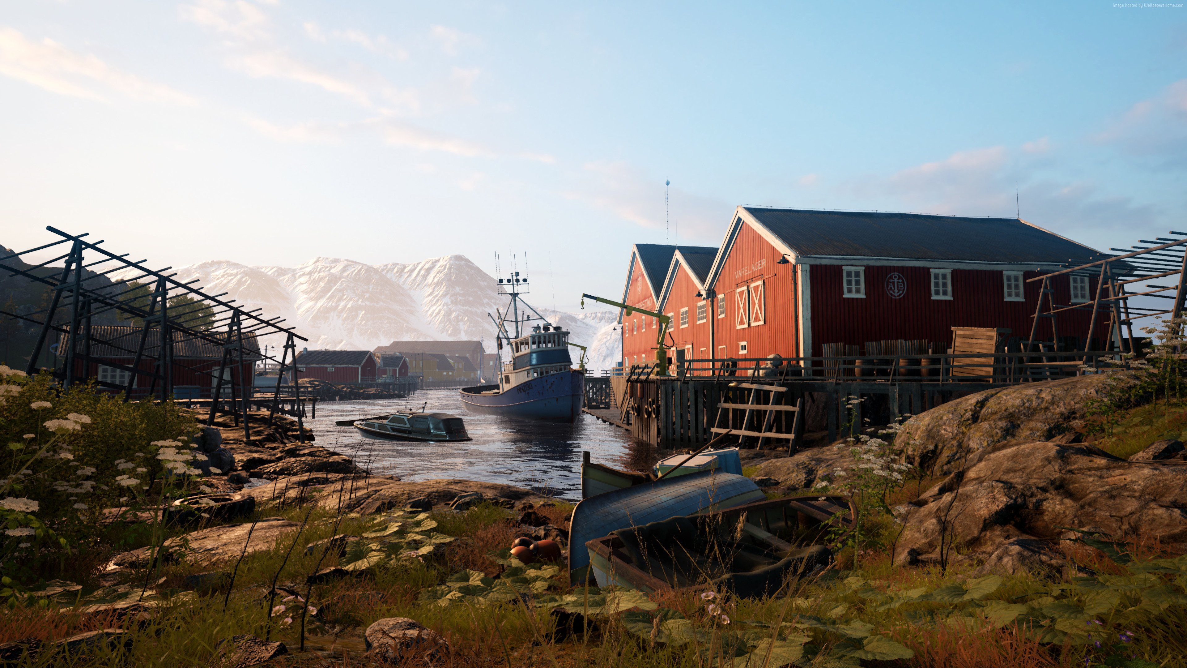 Fishing village with boats and mountains, Vigor HD Wallpaper