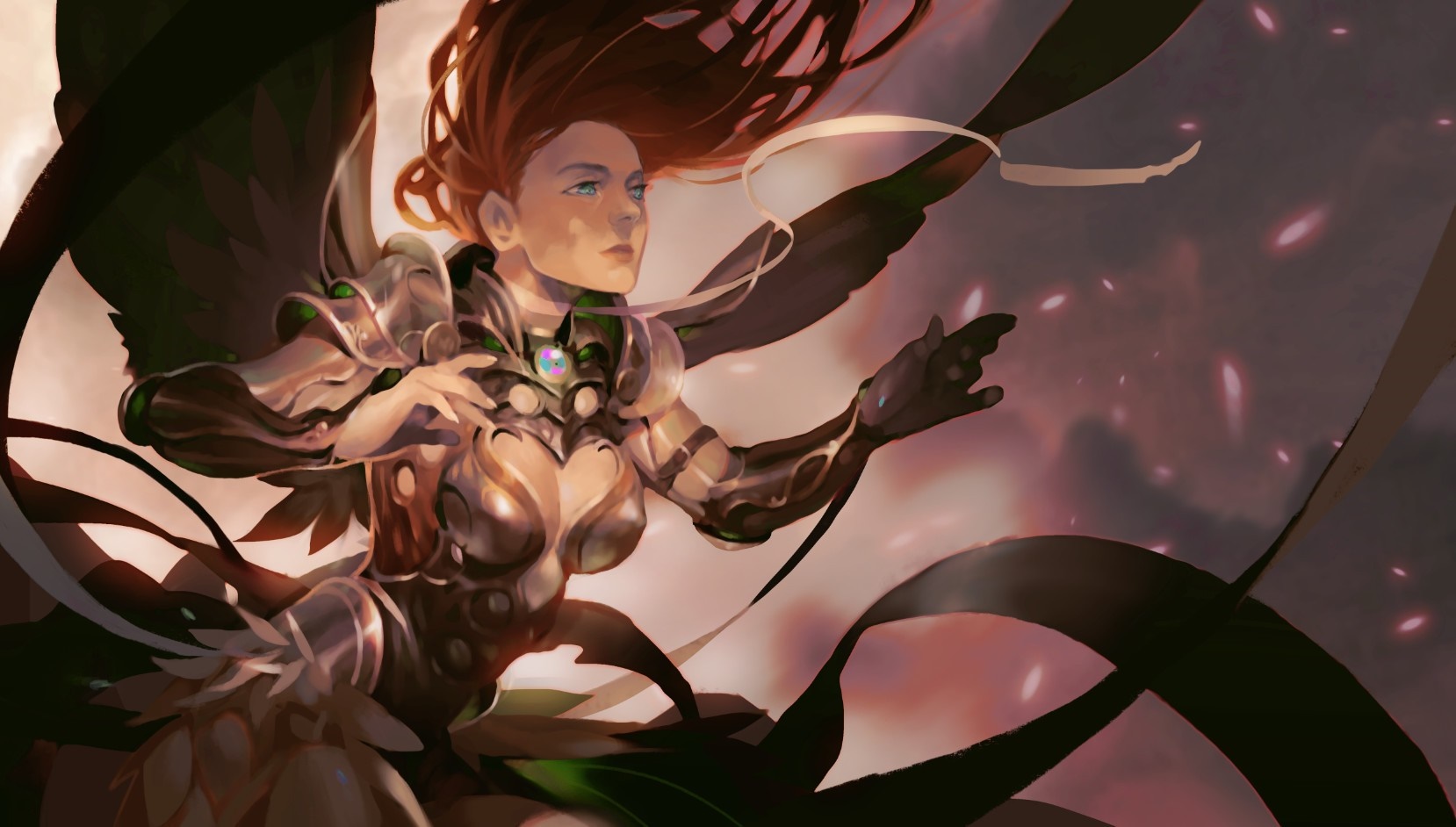 Fantasy angel with red hair in ornate armor HD Wallpaper