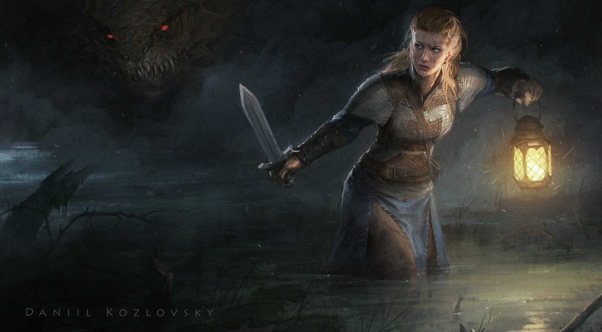 Warrior with lantern and sword in a dark swamp facing a monster HD Wallpaper