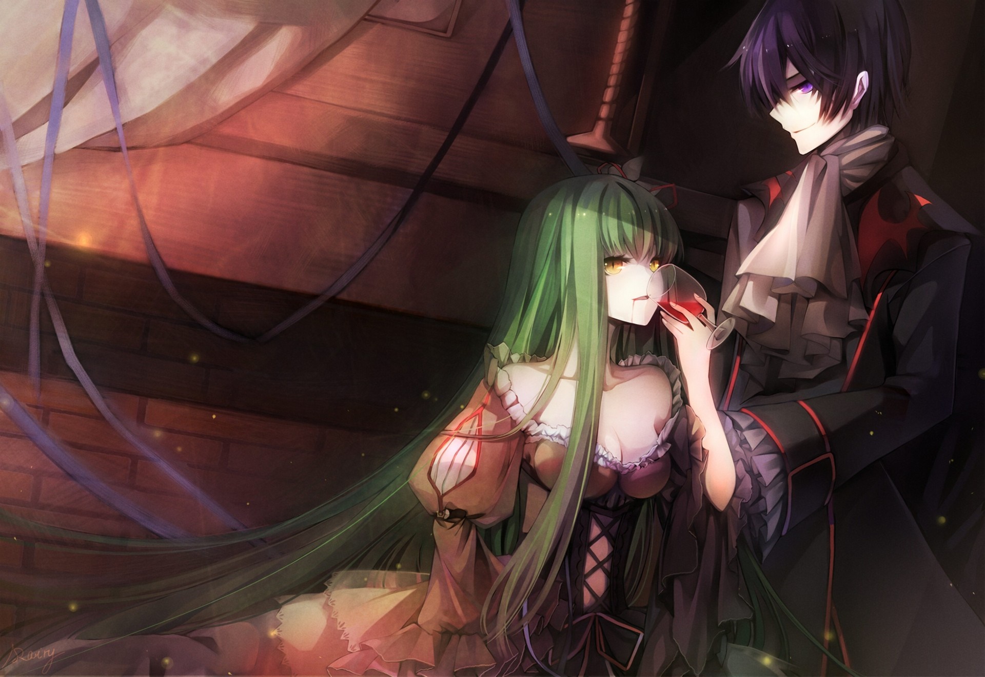 Anime couple drinking wine HD Wallpaper