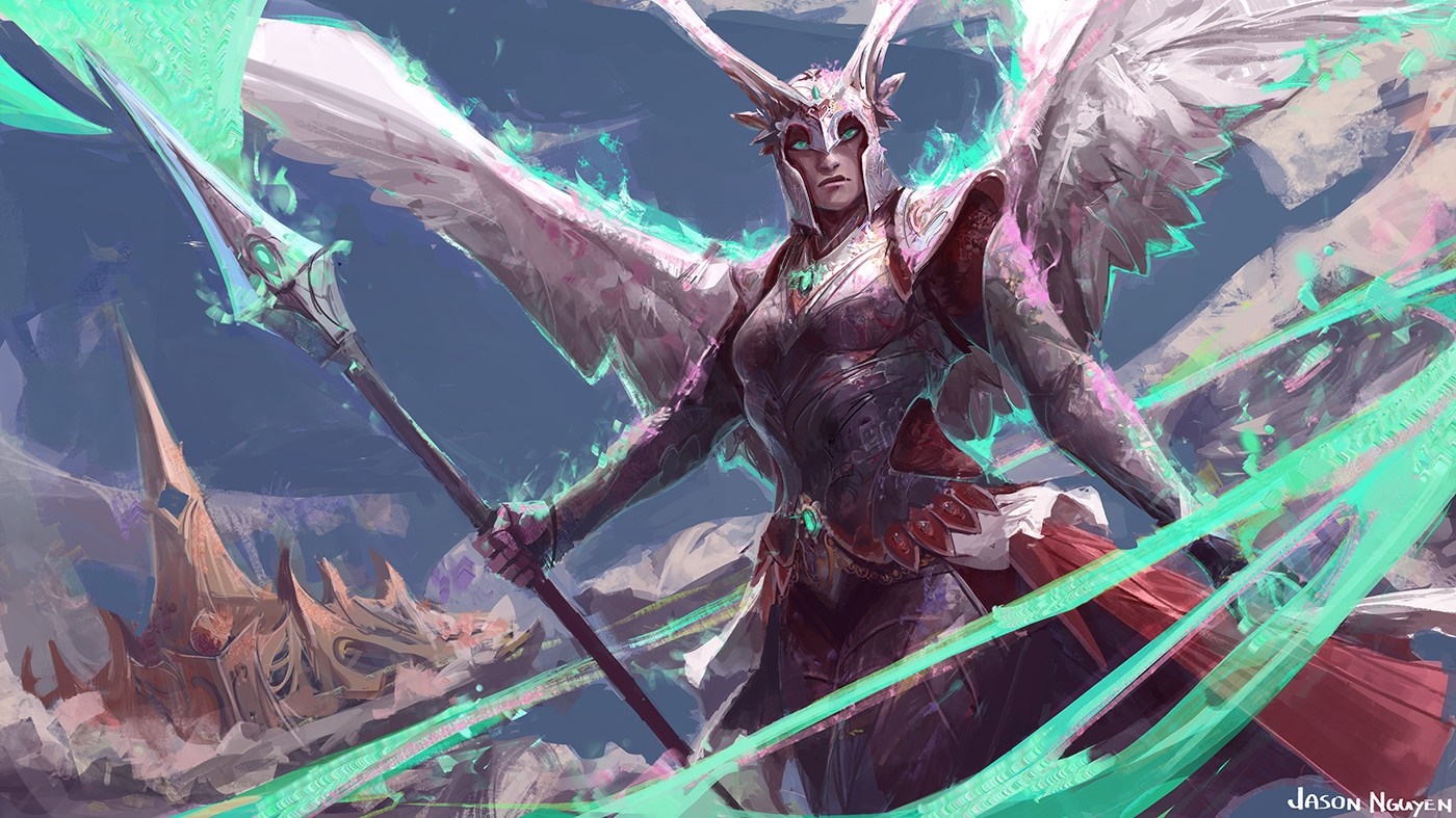Fantasy angel warrior with spear and wings HD Wallpaper