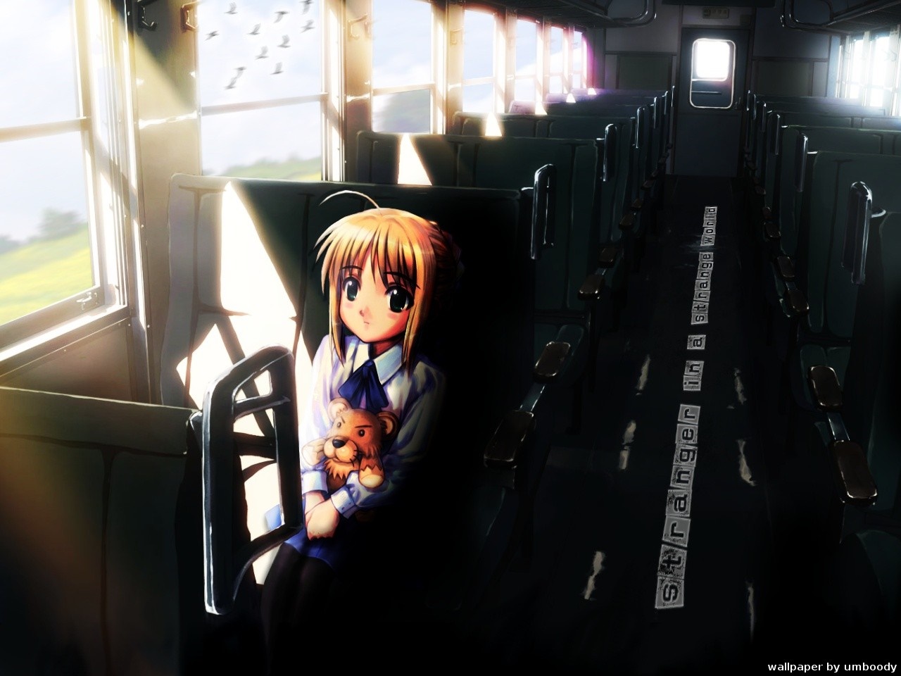 Saber from Fate/Stay Night on a train holding a teddy bear HD Wallpaper