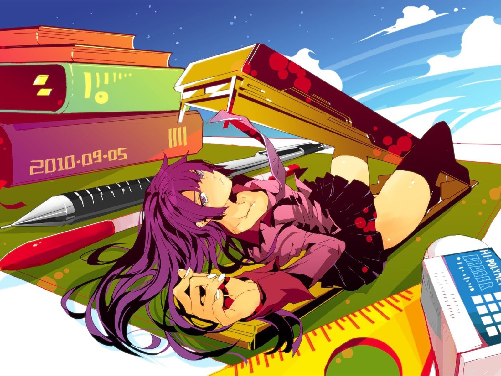 Hitagi Senjougahara from Monogatari Series with school supplies HD Wallpaper