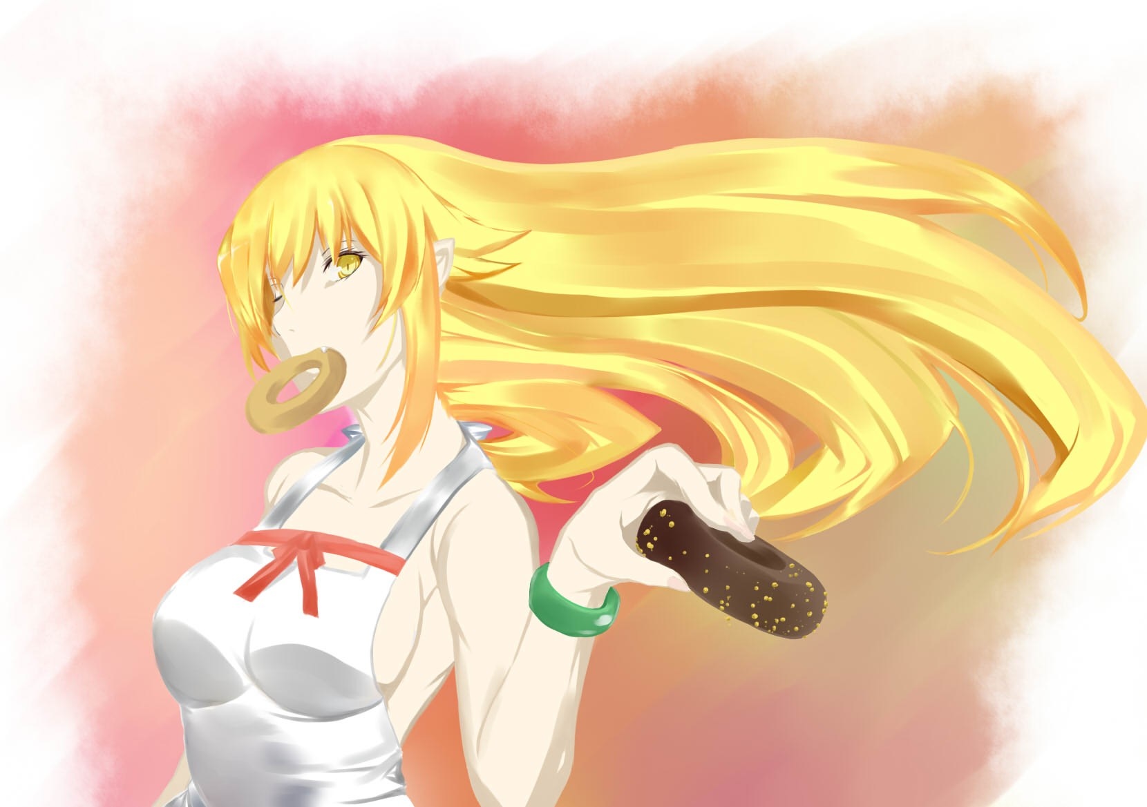 Oshino Shinobu from Monogatari Series eating donuts HD Wallpaper