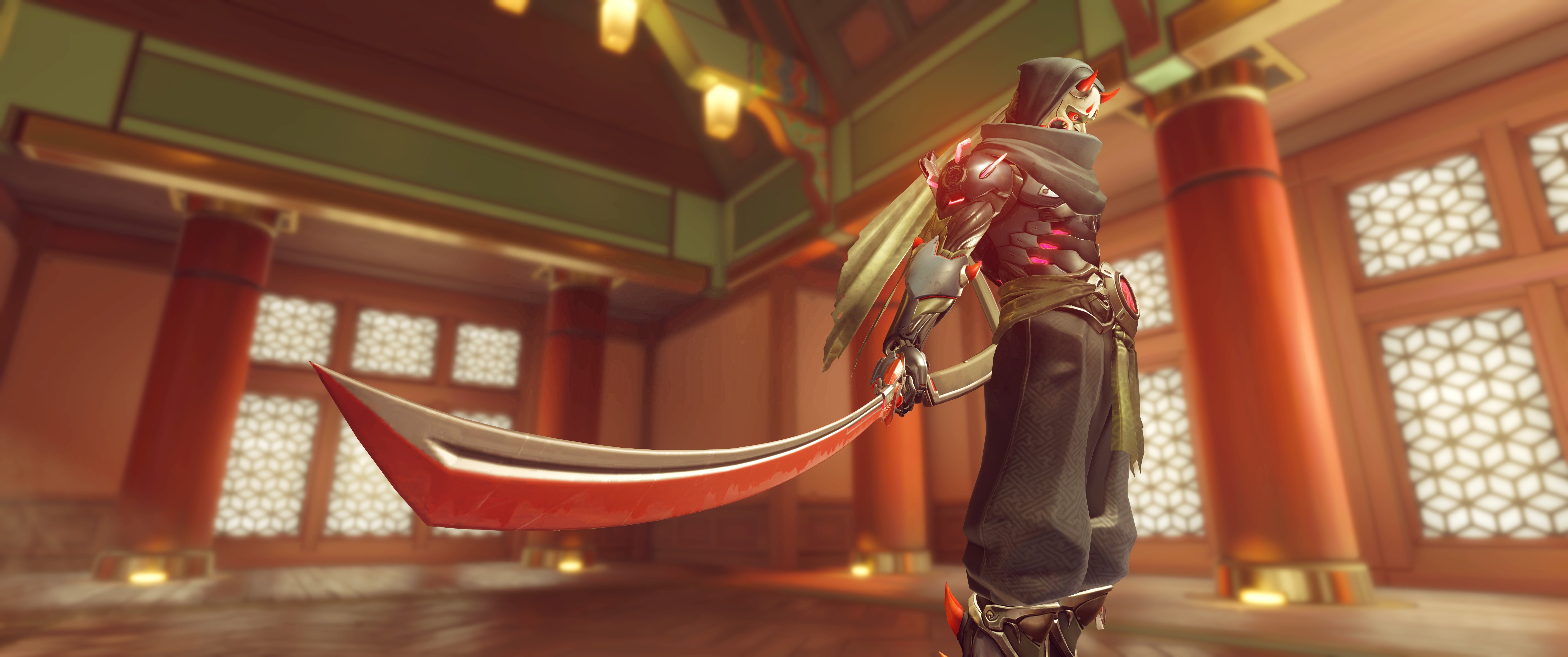 Genji from Overwatch holding a sword in a temple HD Wallpaper