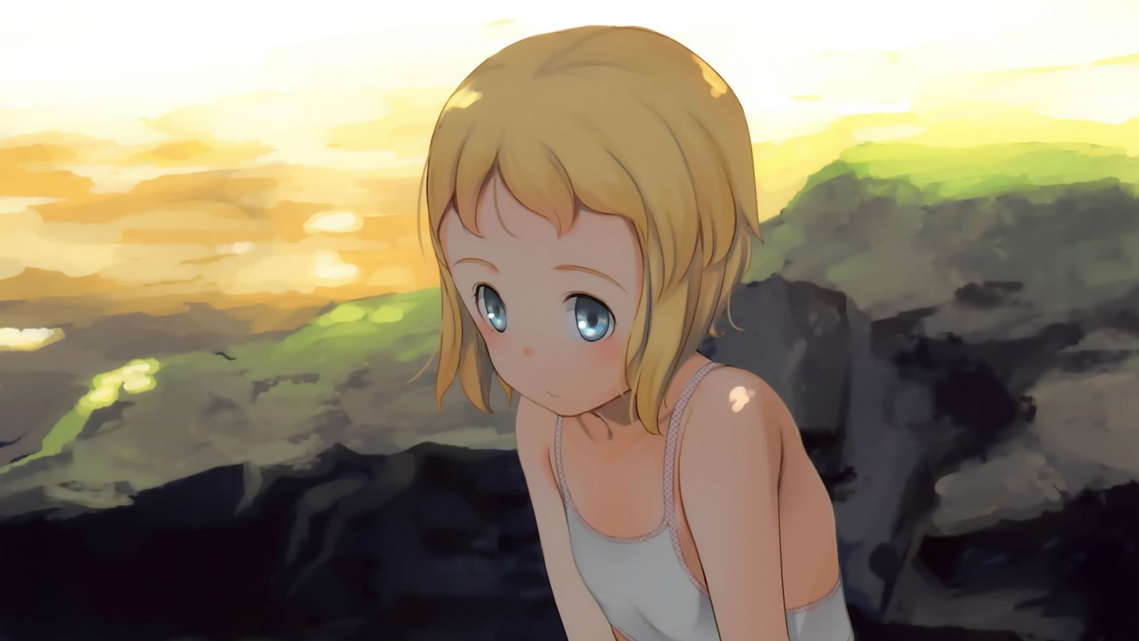 Anime girl with blonde hair and blue eyes in a white dress HD Wallpaper