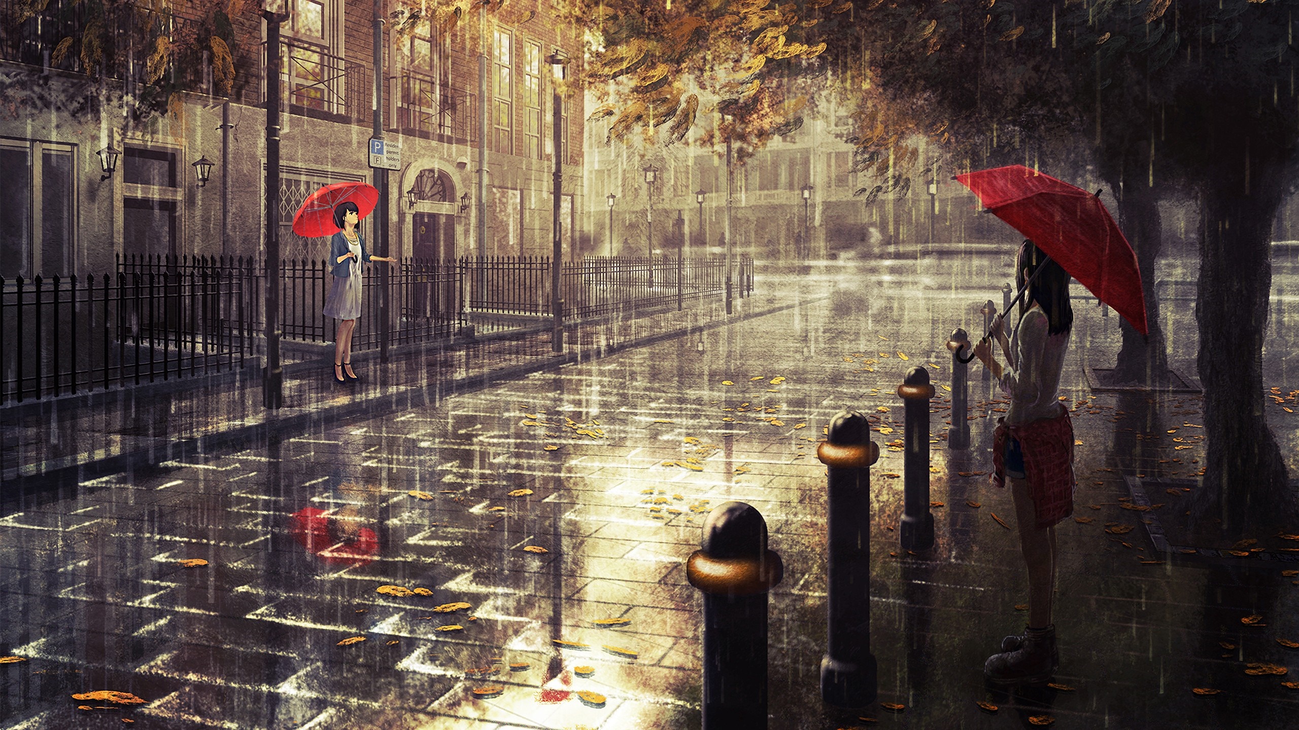 Anime girls with red umbrellas in the rain HD Wallpaper