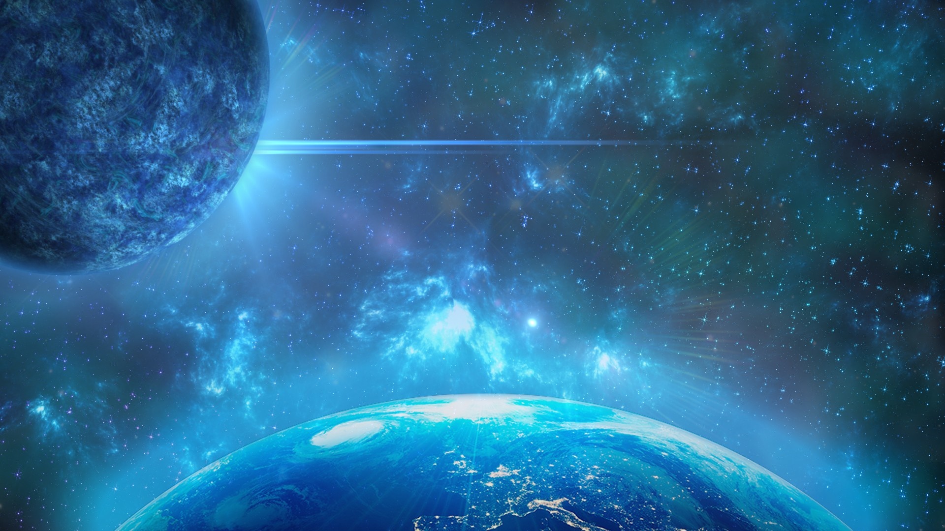 Earth and a blue planet in a nebula HD Wallpaper