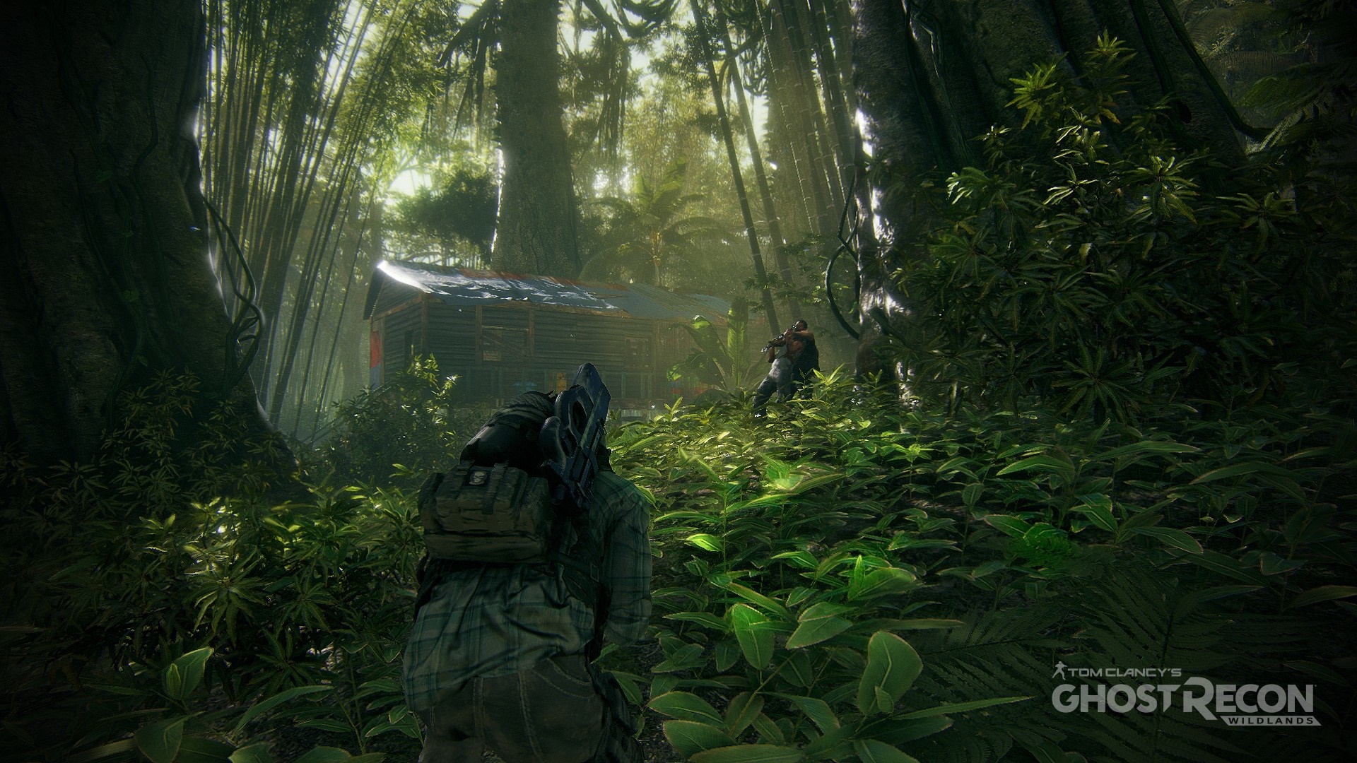 Soldier in jungle with Tom Clancy's Ghost Recon Wildlands logo HD Wallpaper