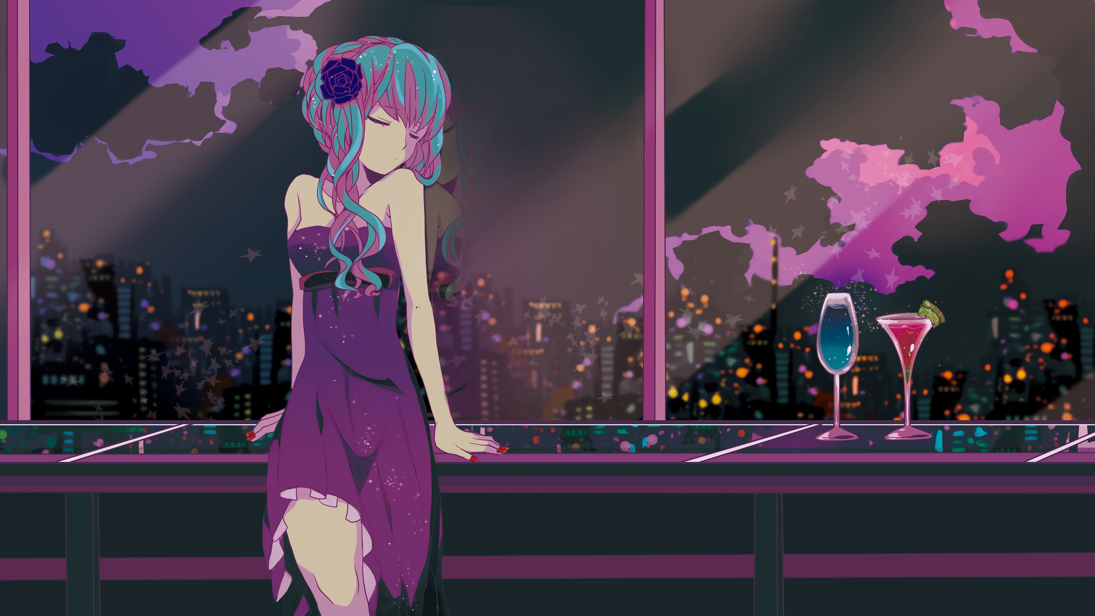 Anime girl in purple dress with blue and pink hair HD Wallpaper