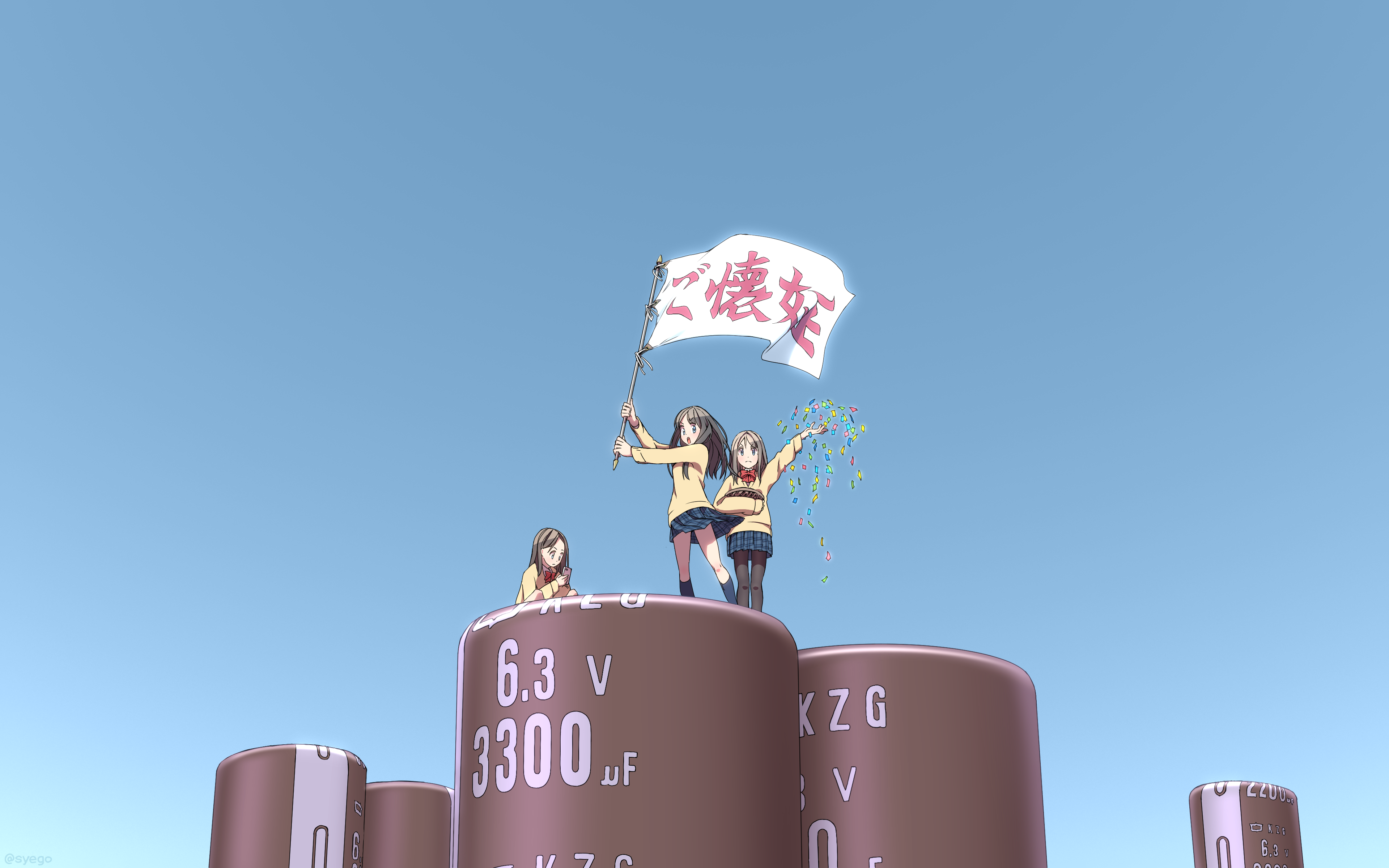 Anime girls on capacitors holding a flag HD Wallpaper