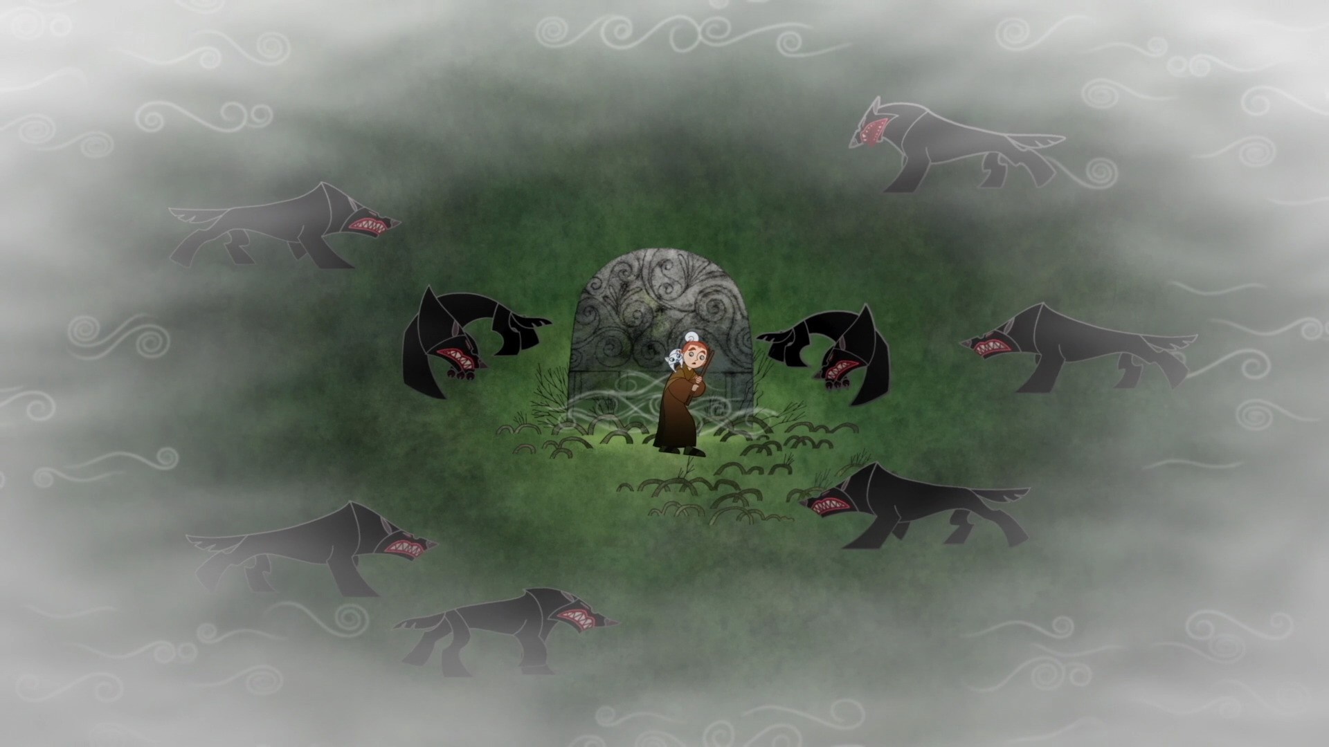 Woman and wolves near a tombstone in The Secret of Kells HD Wallpaper