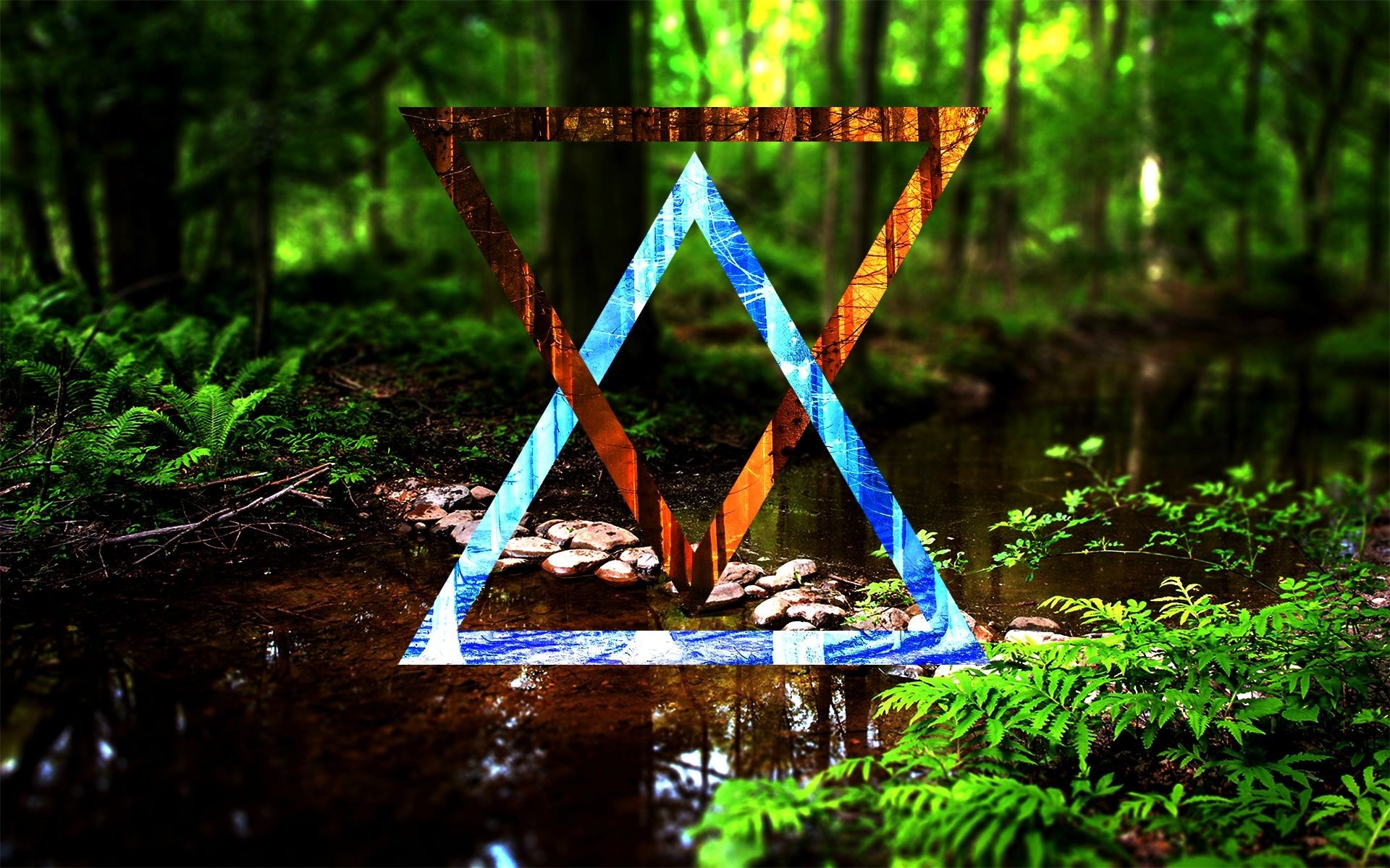 Abstract geometric overlay on forest stream HD Wallpaper