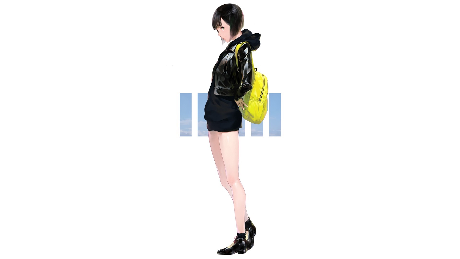 Anime girl with black bob haircut and yellow backpack HD Wallpaper