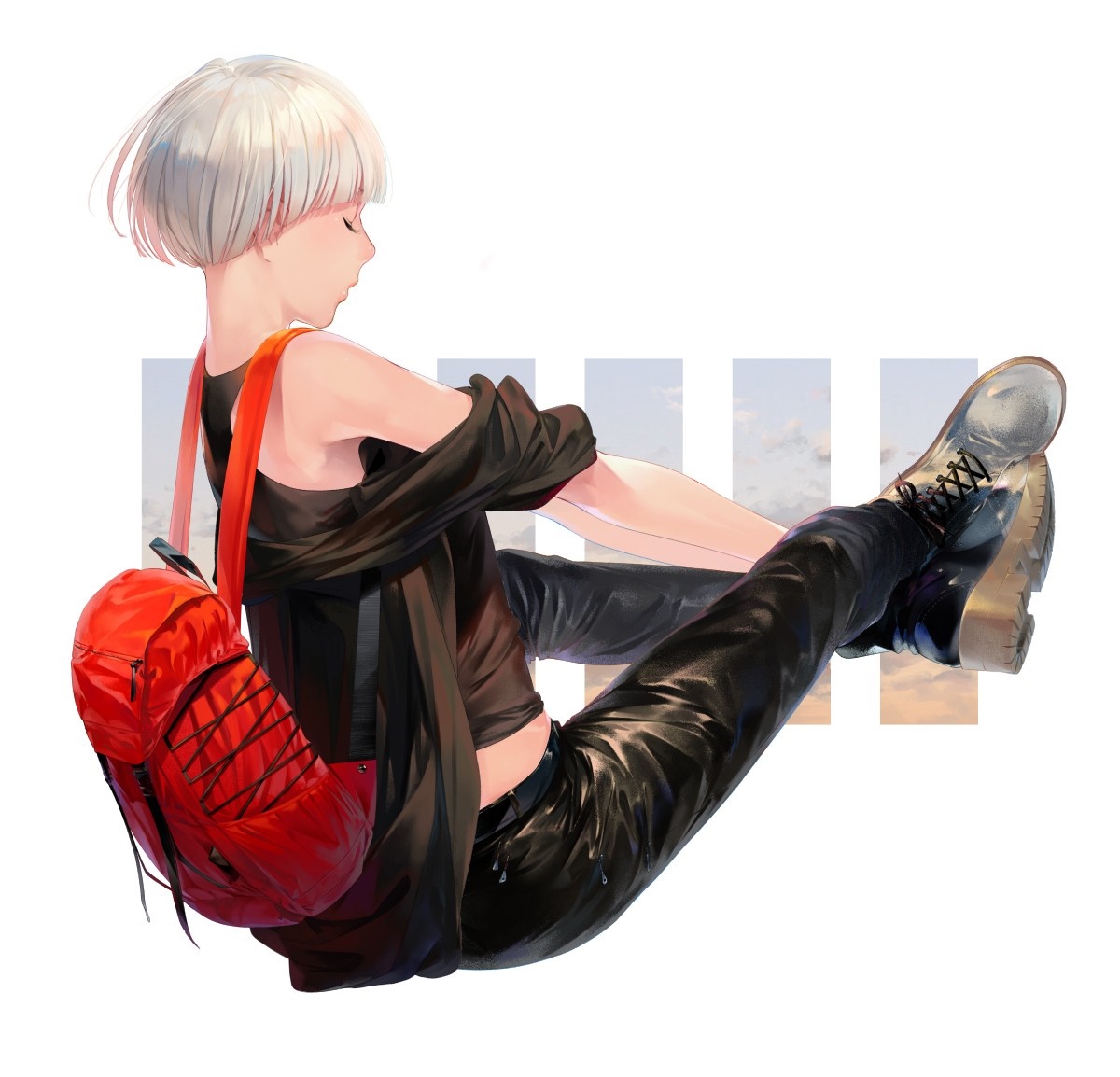 Anime girl with short white hair and red backpack HD Wallpaper