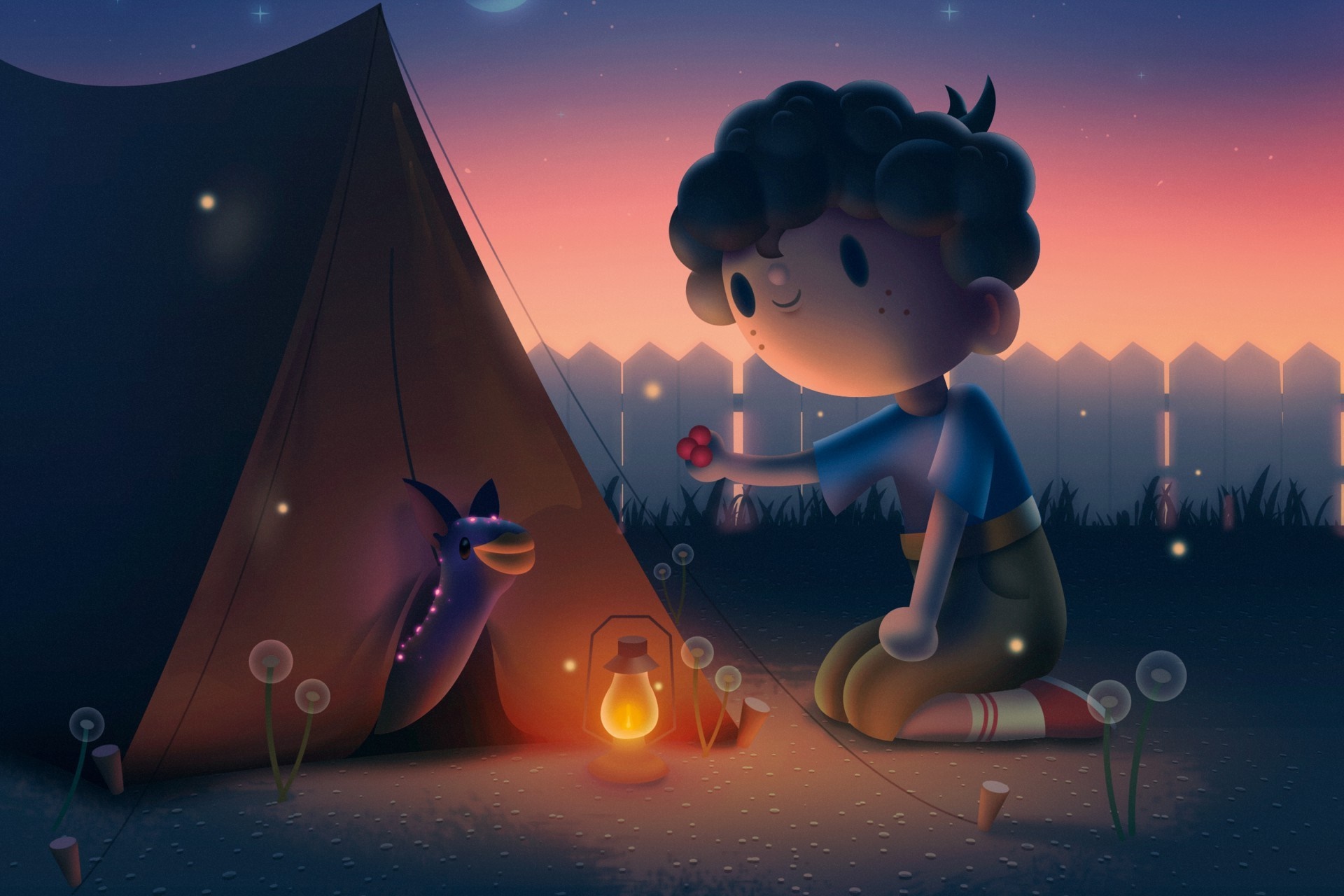 Boy offering berries to a dragon near a tent HD Wallpaper