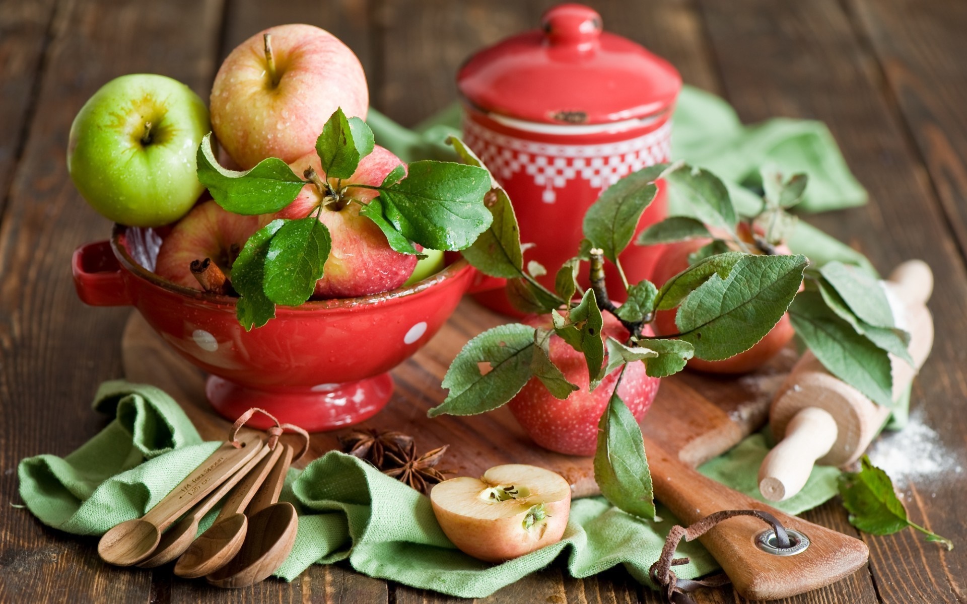 Apples in a red bowl with baking ingredients HD Wallpaper