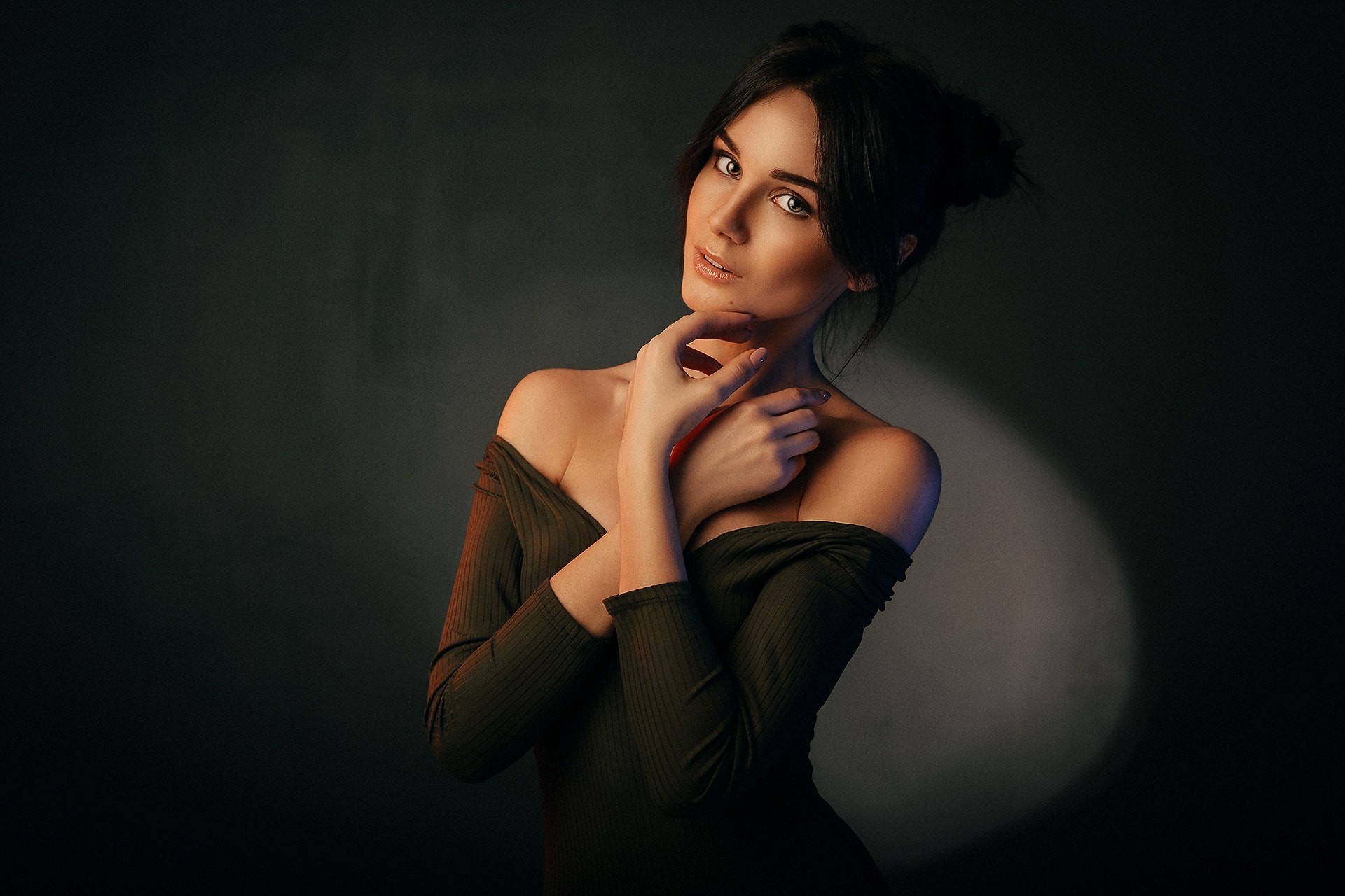Woman with dark hair posing with hands on neck HD Wallpaper