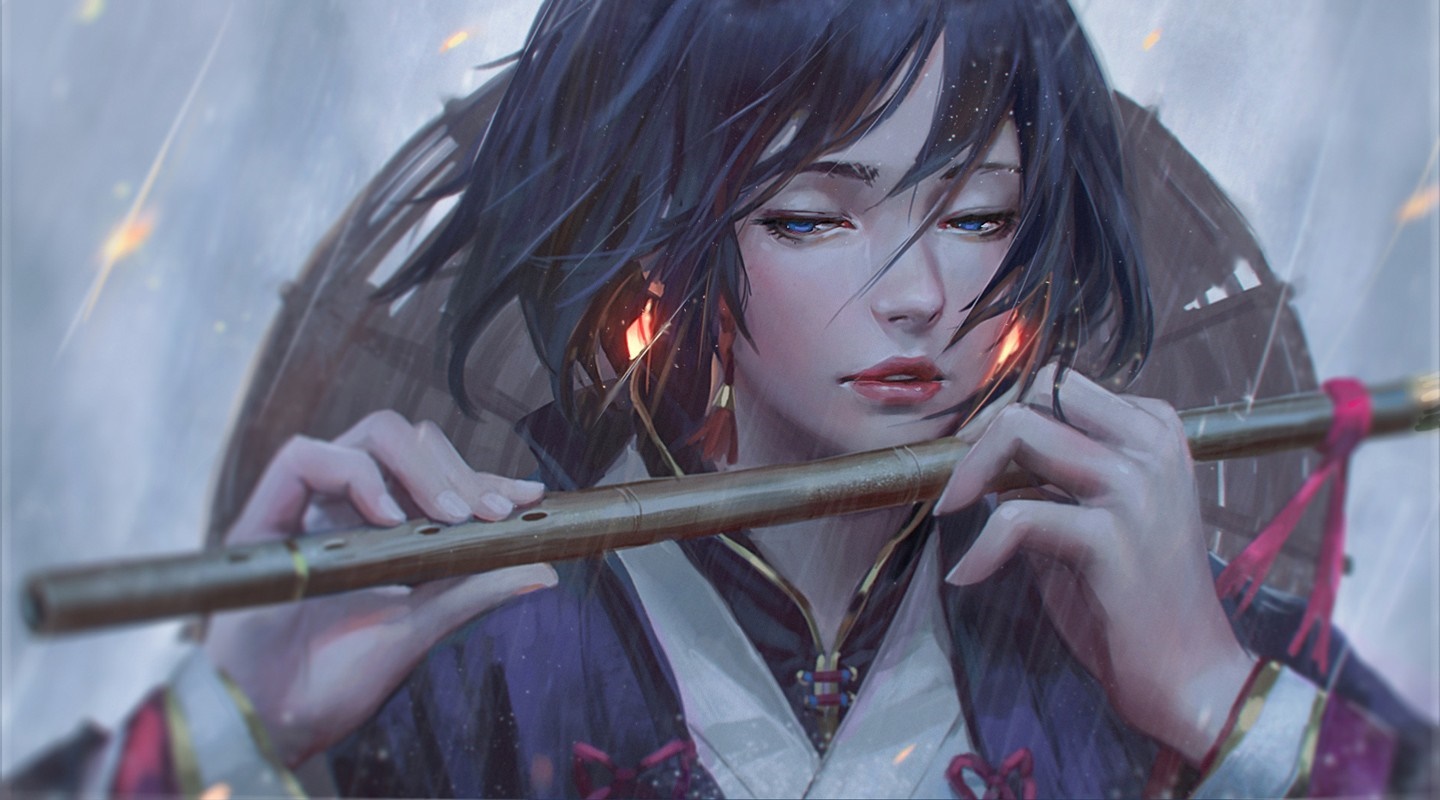 Anime girl playing a flute in the rain HD Wallpaper
