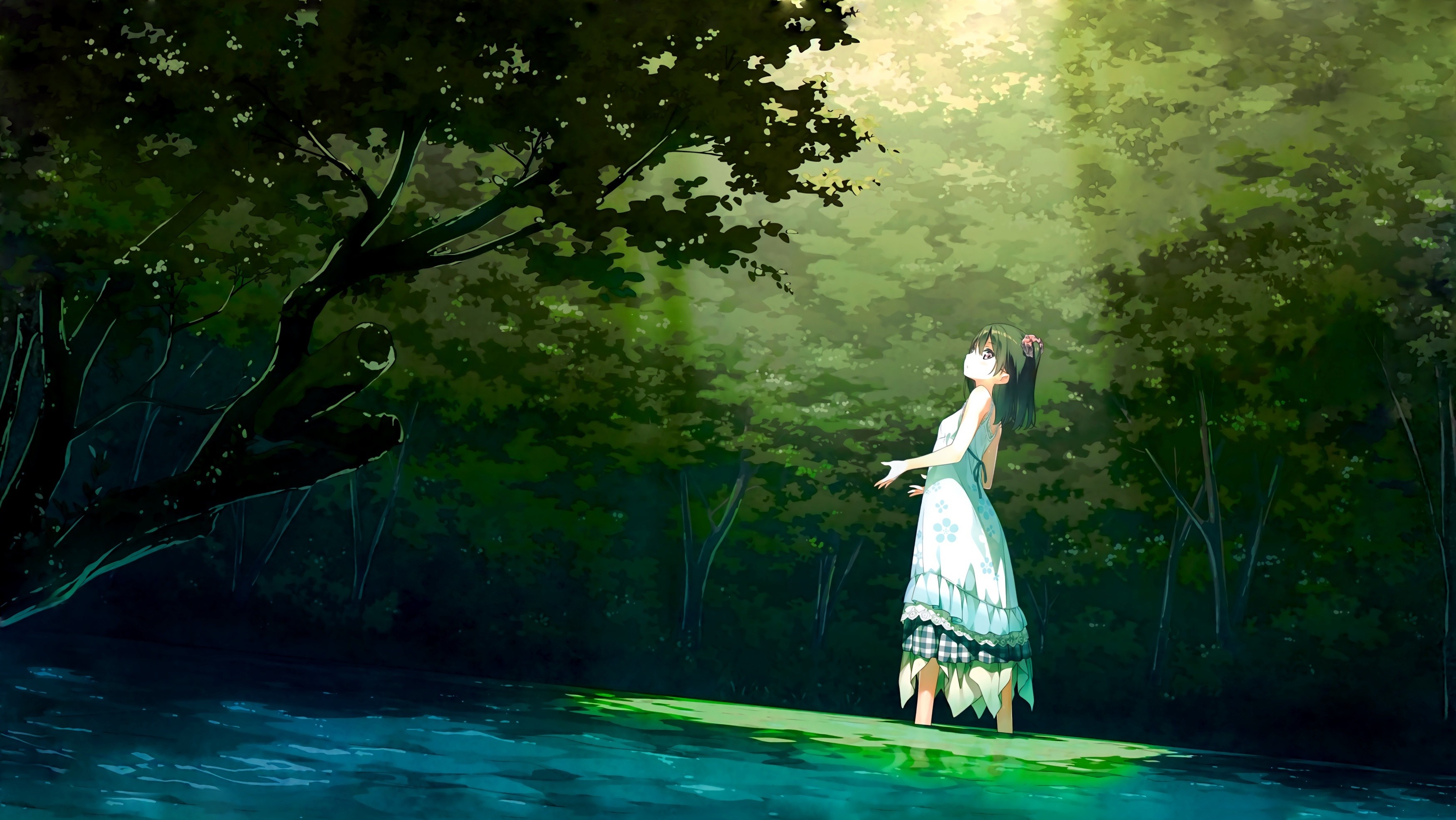 Anime girl in a white dress standing in water in a forest HD Wallpaper