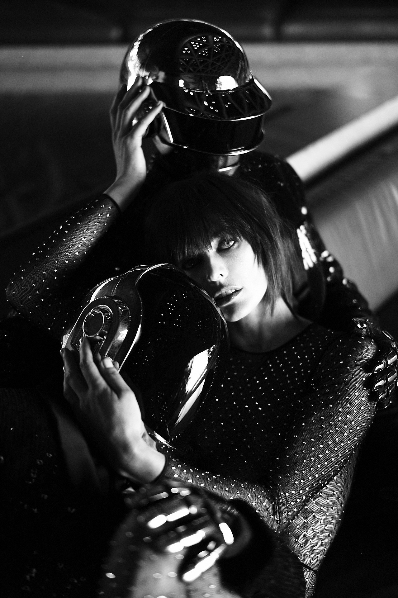 Milla Jovovich with Daft Punk helmets HD Wallpaper