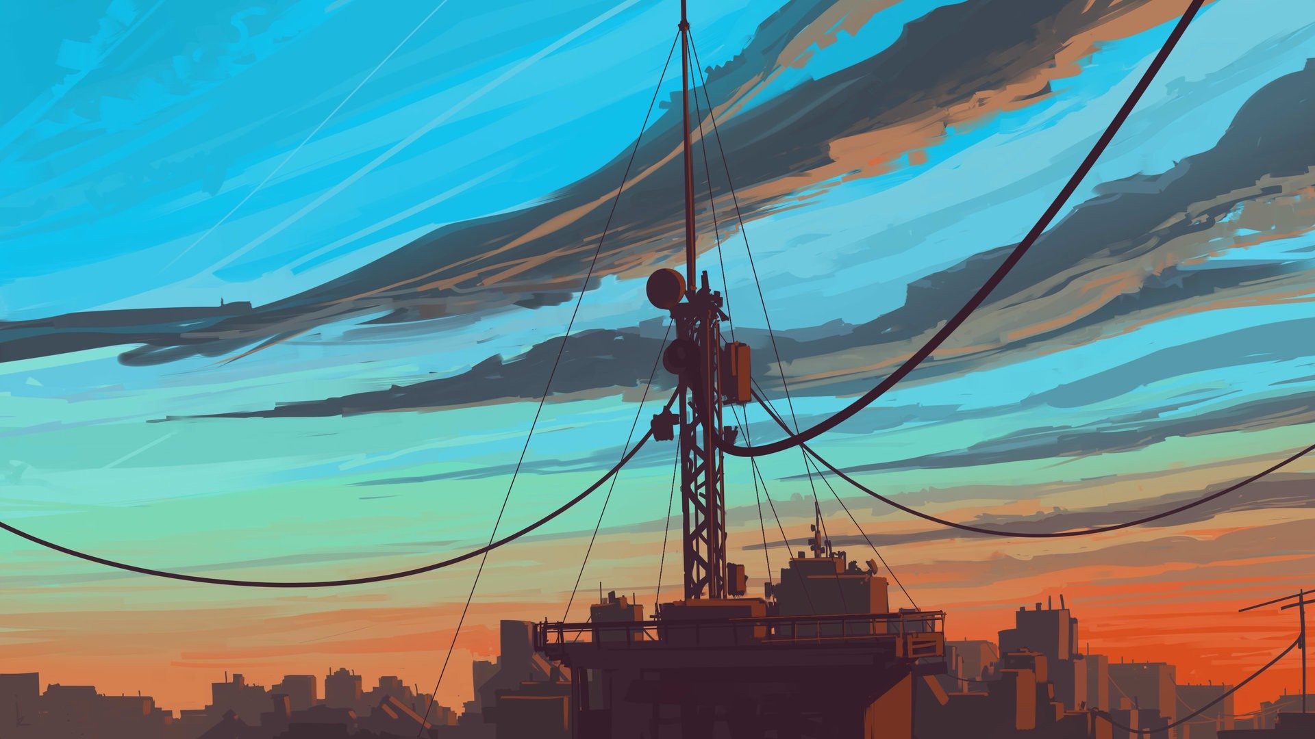 City skyline with radio tower at sunset HD Wallpaper