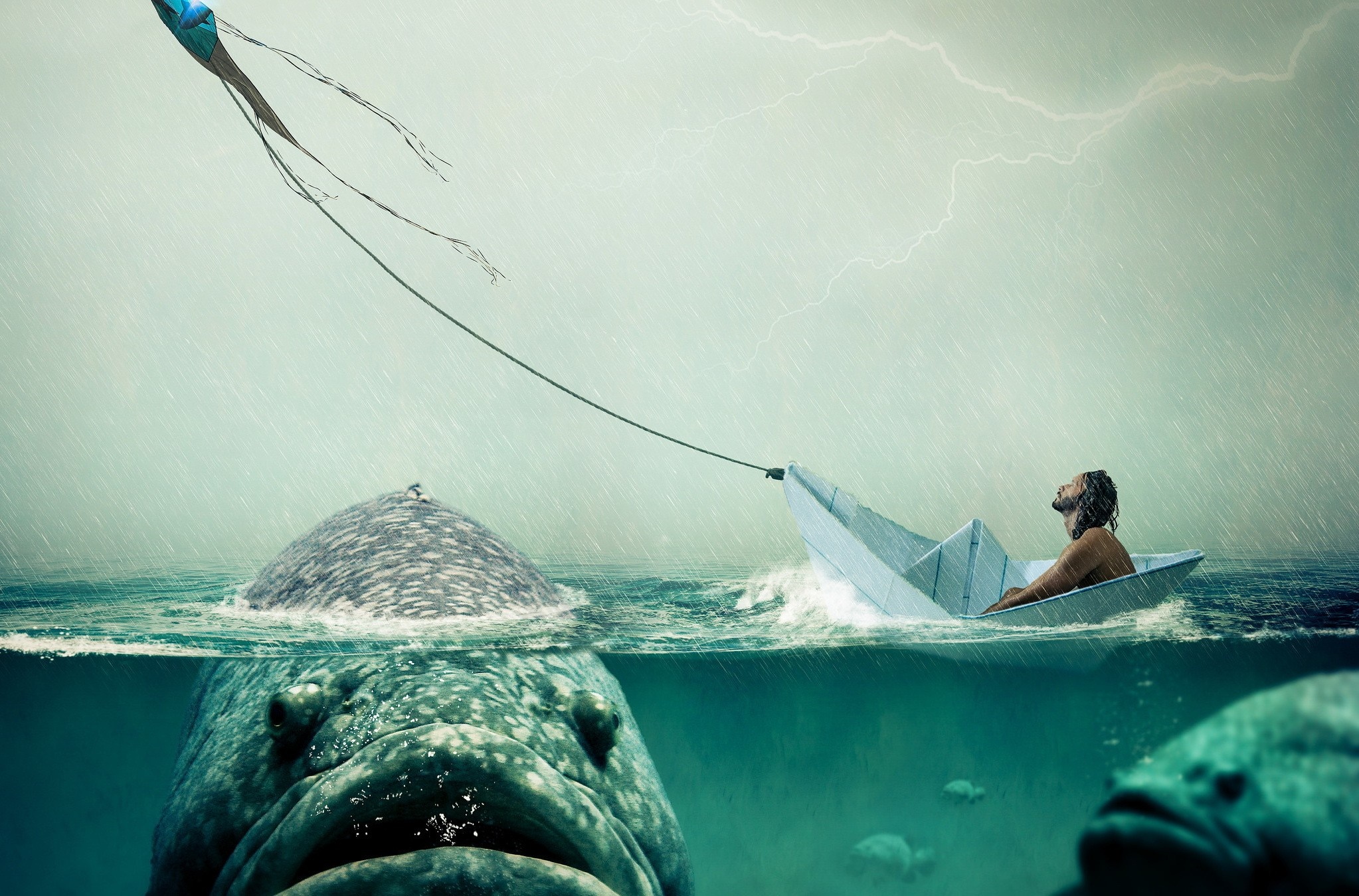 Man in paper boat pulled by kite near giant fish HD Wallpaper