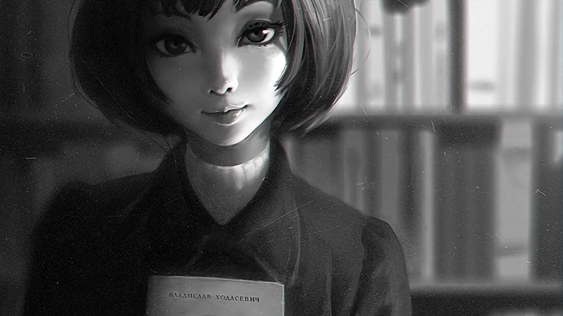 Monochrome anime portrait of a young woman holding a book HD Wallpaper