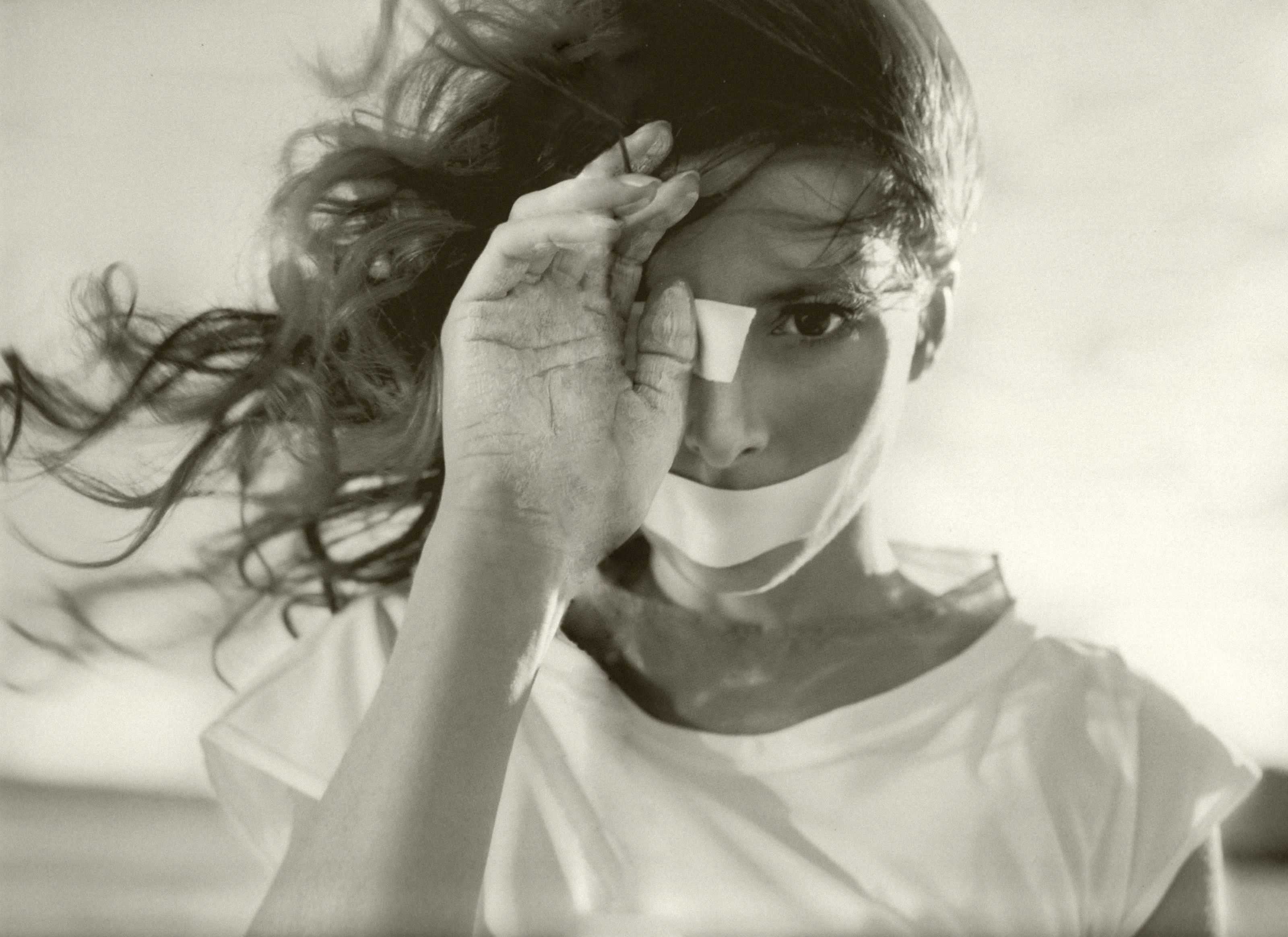 Mylène Farmer portrait with tape on mouth HD Wallpaper