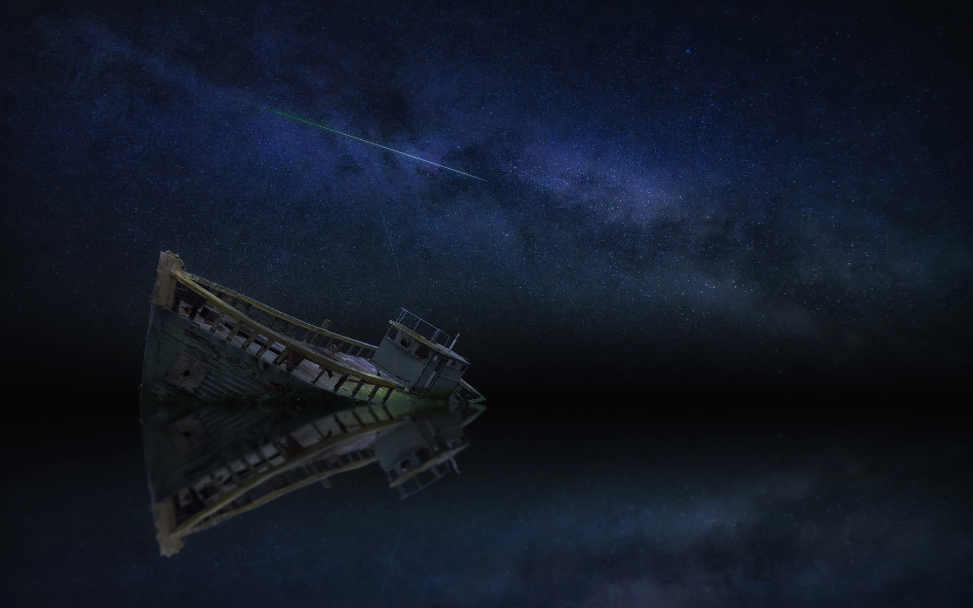 Wrecked boat under a starry night sky with a meteor HD Wallpaper
