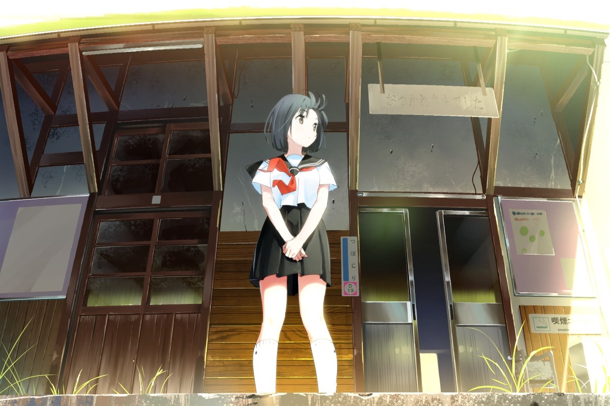 Anime girl in school uniform standing in front of a building HD Wallpaper