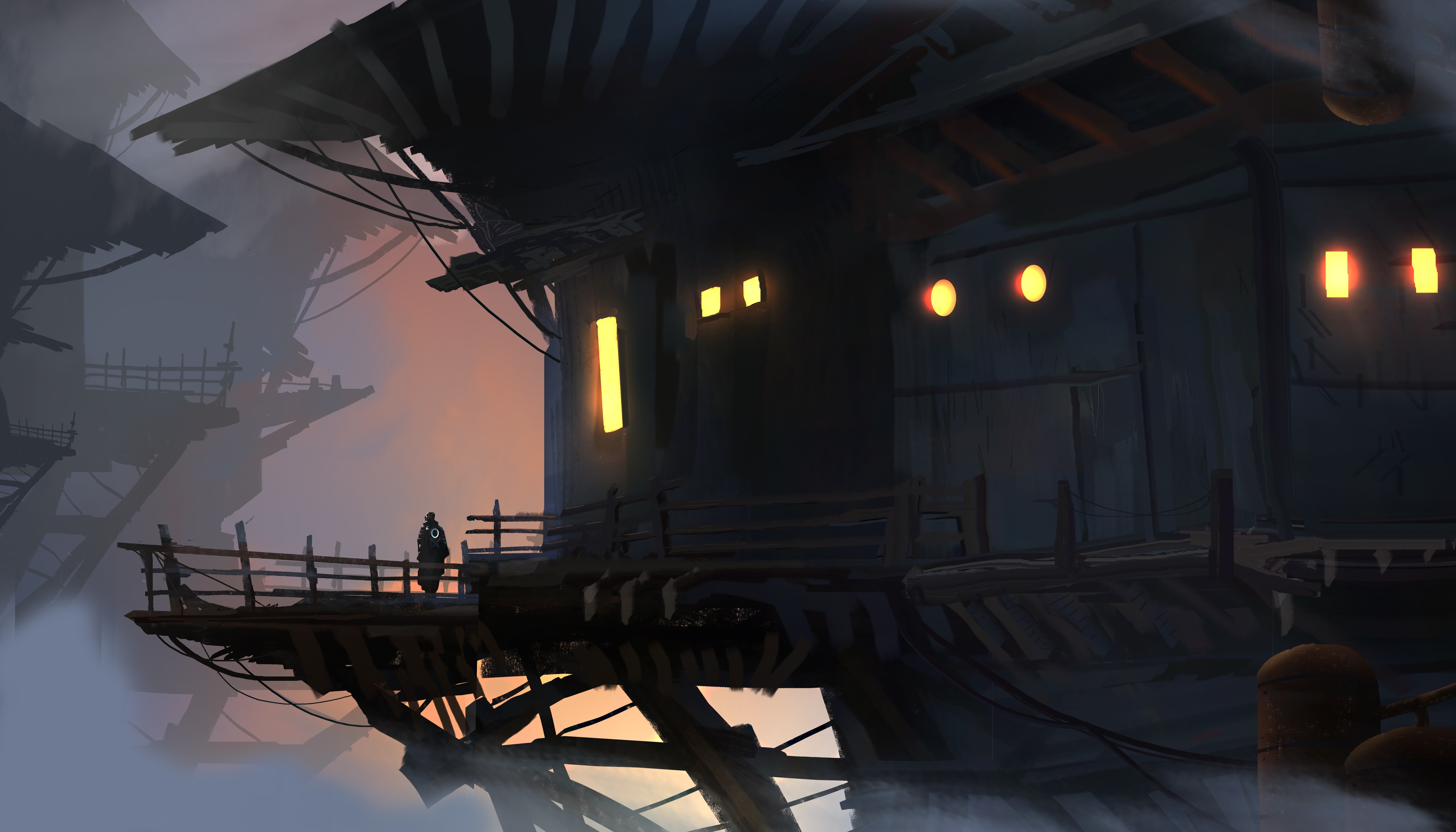 Figure on a wooden platform in a foggy, futuristic city HD Wallpaper