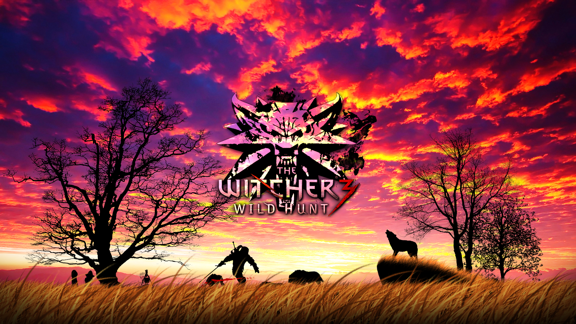 The Witcher 3 Wild Hunt logo with sunset and wolf HD Wallpaper